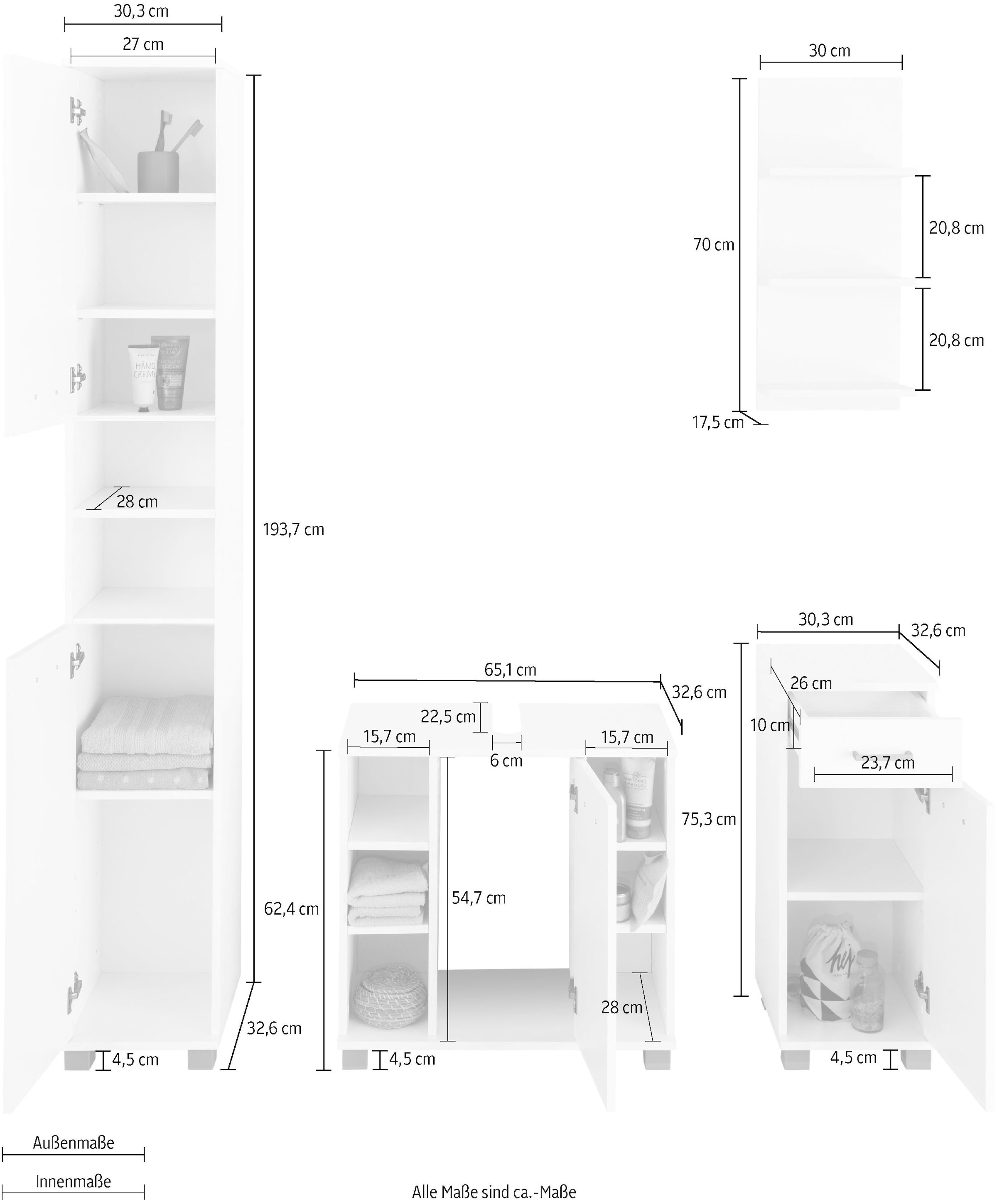 Schildmeyer Waschbeckenunterschrank, bestellen Online-Shop Wandregal und Hochschrank, »Mobes«, (Set, im Unterschrank St.), 4 Badmöbel-Set