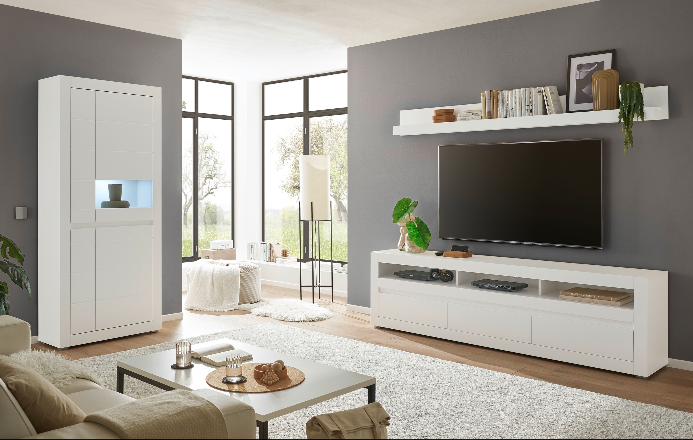 INOSIGN Wohnwand »Anbauwand in Weiß Matt, Wohnzimmer-Set mit austauschbarer Blende«, (Set, 3 St.), enthält Vitrine, Lowboard, Wandboard, zeitloses Design, 312 cm breit