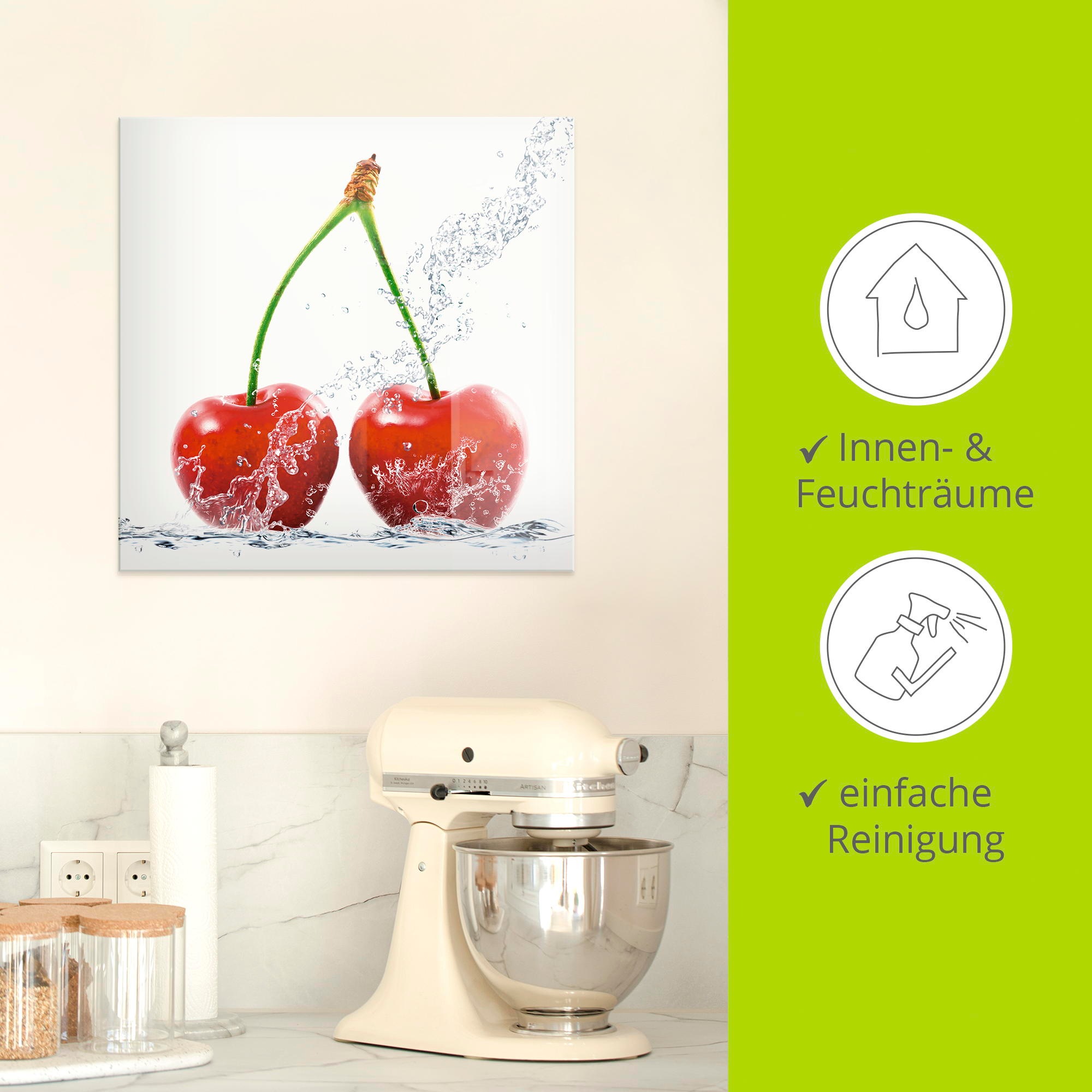 Artland Glasbild »Kirschen mit Spritzwasser«, Lebensmittel, (1 St.)