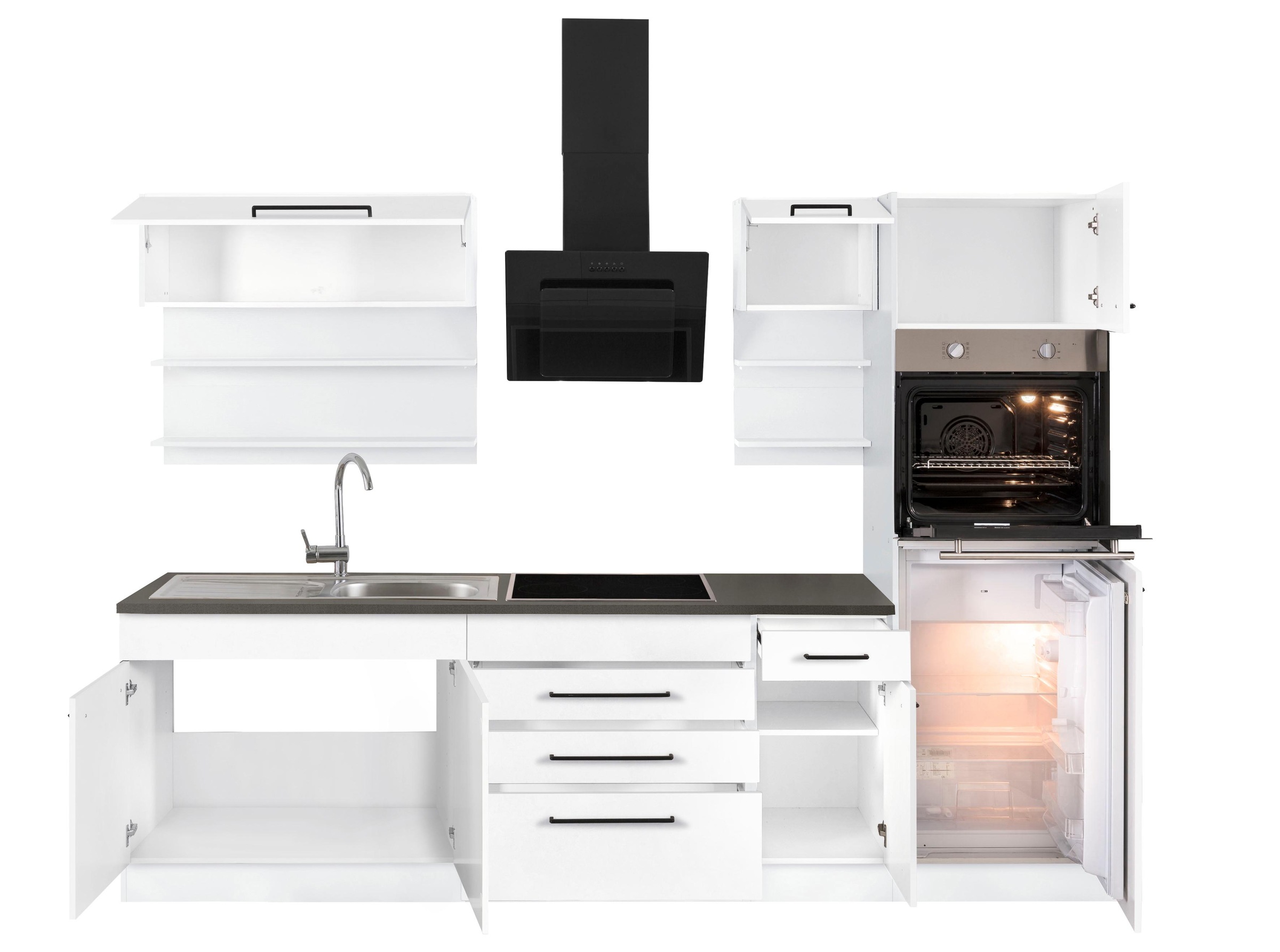 KOCHSTATION Küchenzeile »KS-Tulsa«, mit E-Geräten, Breite 290 cm, schwarze Metallgriffe, MDF Fronten
