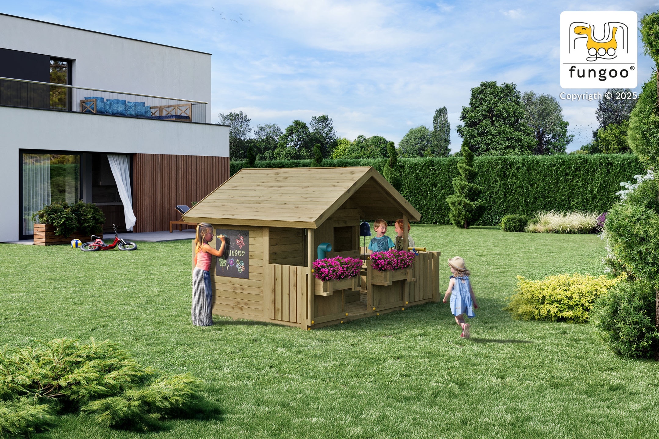 FUNGOO Spielhaus »SUNNY BANDCORNER« mit großer Terrasse und Picknicktisch, Tafel, Periskop