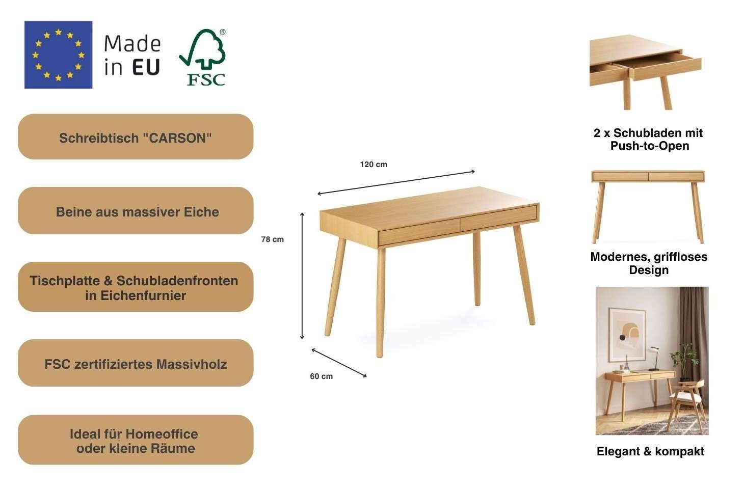 Woodman Schreibtisch »Carson« 120/60/78,  Breite 120 cm, Schubladen mit Push-to Open, FSC®