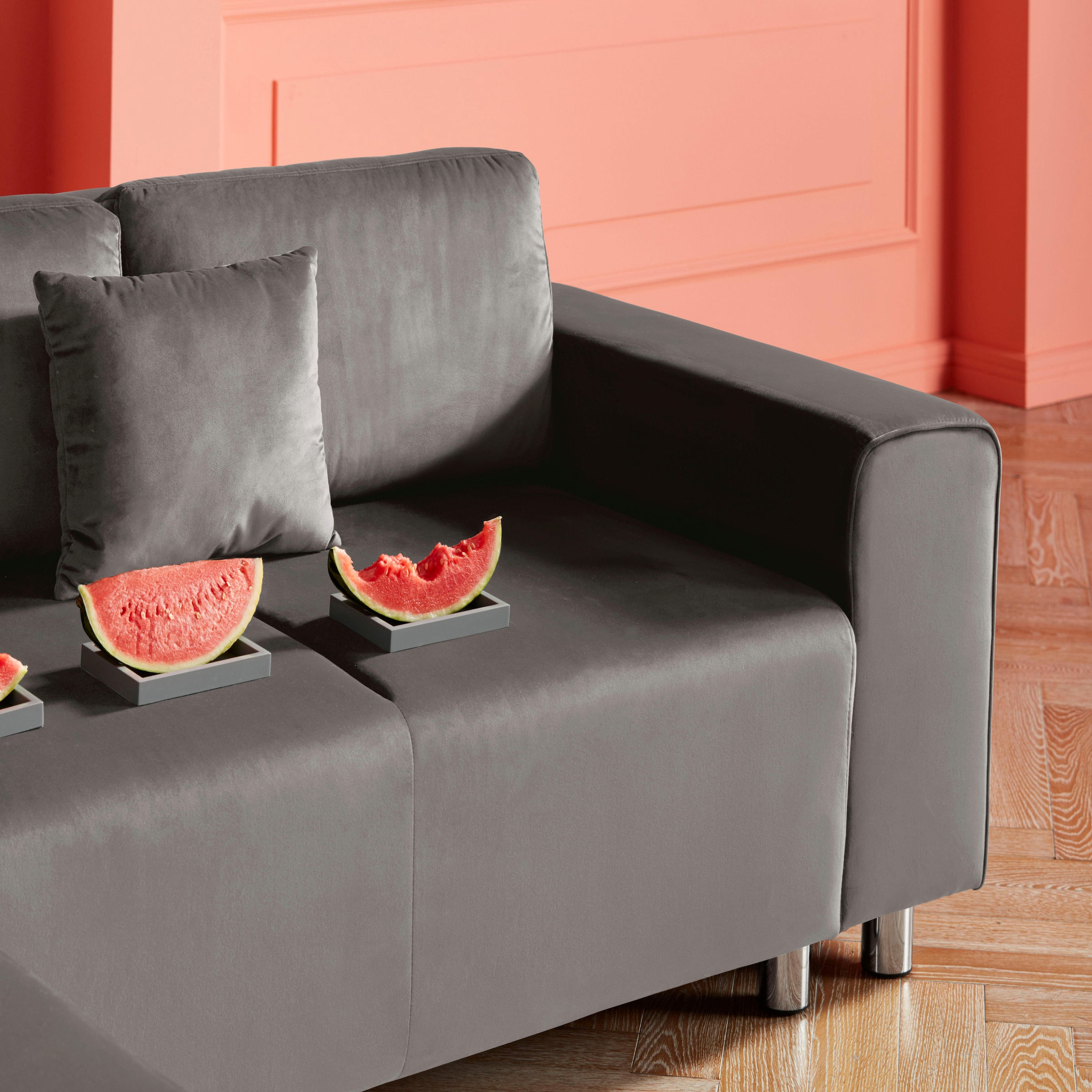 Guido Maria Kretschmer Home&Living Ecksofa »Györ«, L-Form, wahlweise mit Bettfunktion und Bettkasten incl. 2 Zierkissen