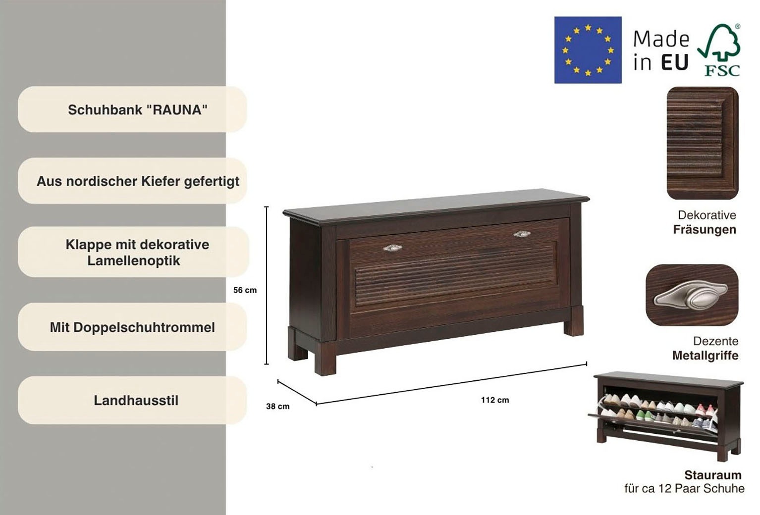 Home affaire Schuhbank »Rauna«, Aus massiver Kiefer, mit dekorativen Fräsungen