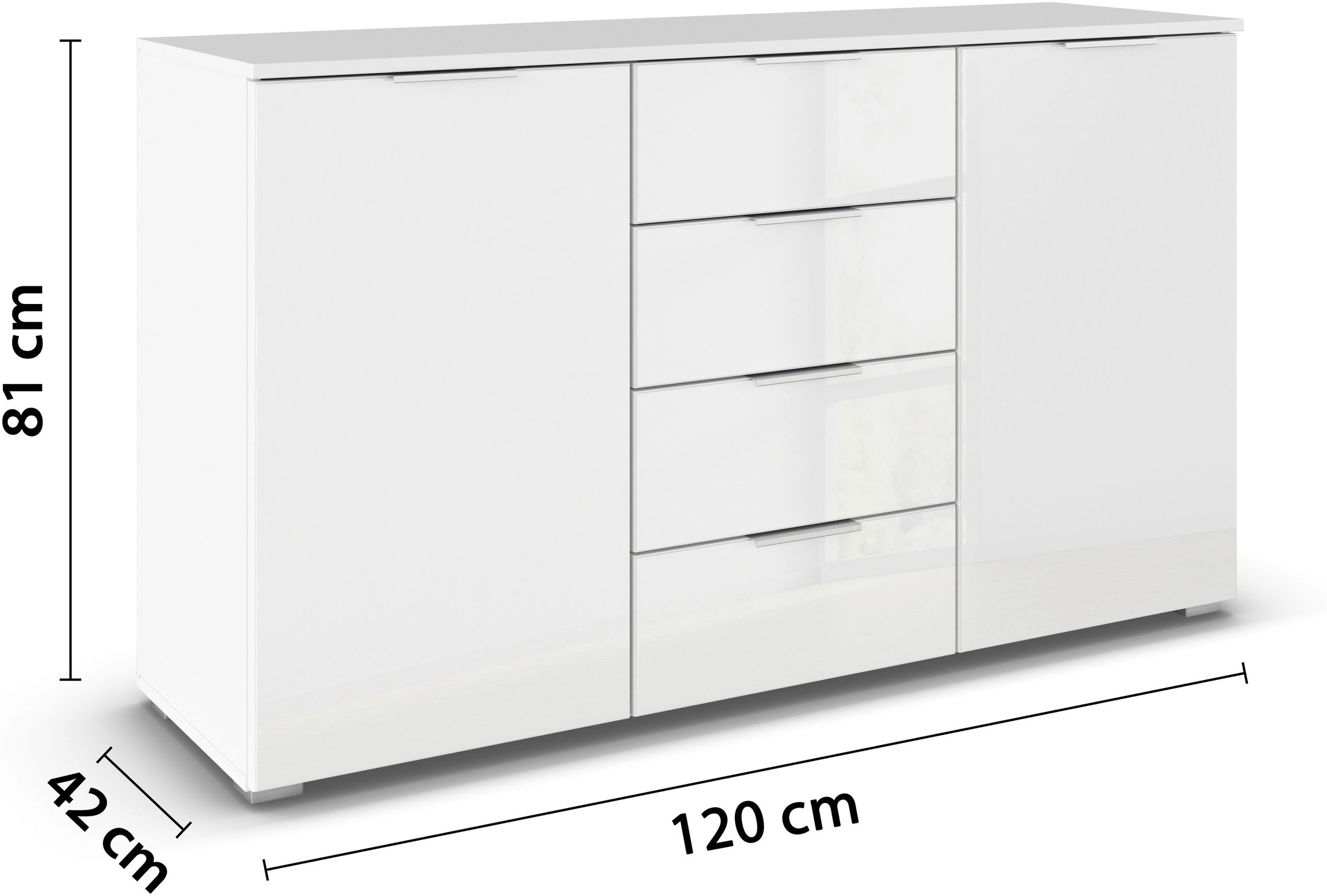 rauch Kombikommode »Sideboard Kombikommode Schubladenkommode AGORDO mit Glasfront«, (in zwei Griff-Farben, Breite 120 cm), vier große Schubladen, mit insgesamt 4 Einlegeböden MADE IN GERMANY