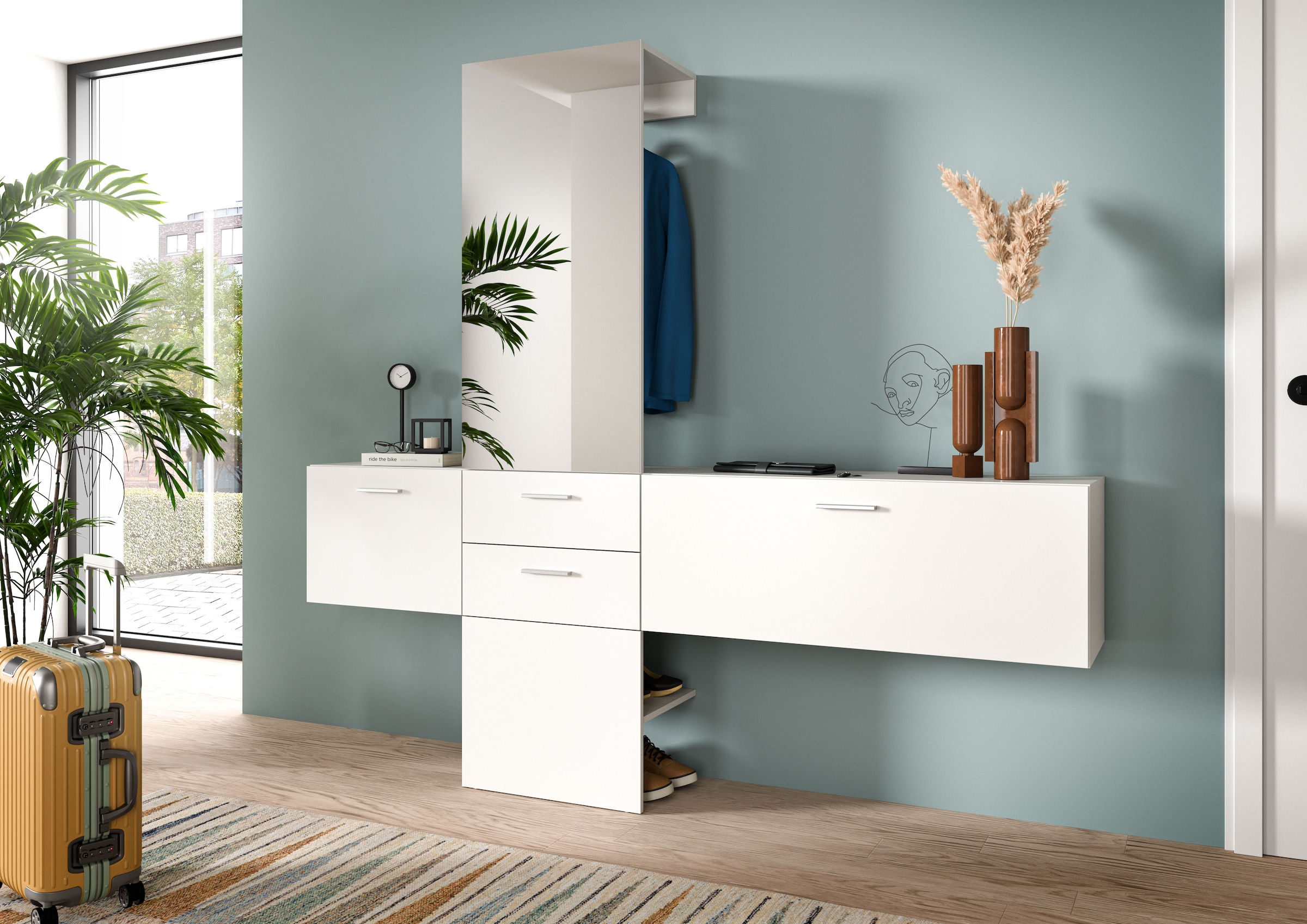 INOSIGN Garderoben-Set, (Set, 3 St.), Lumo, Garderobenset Breite 208 cm, Spiegel, 2 Schubladen, Flur, Diele
