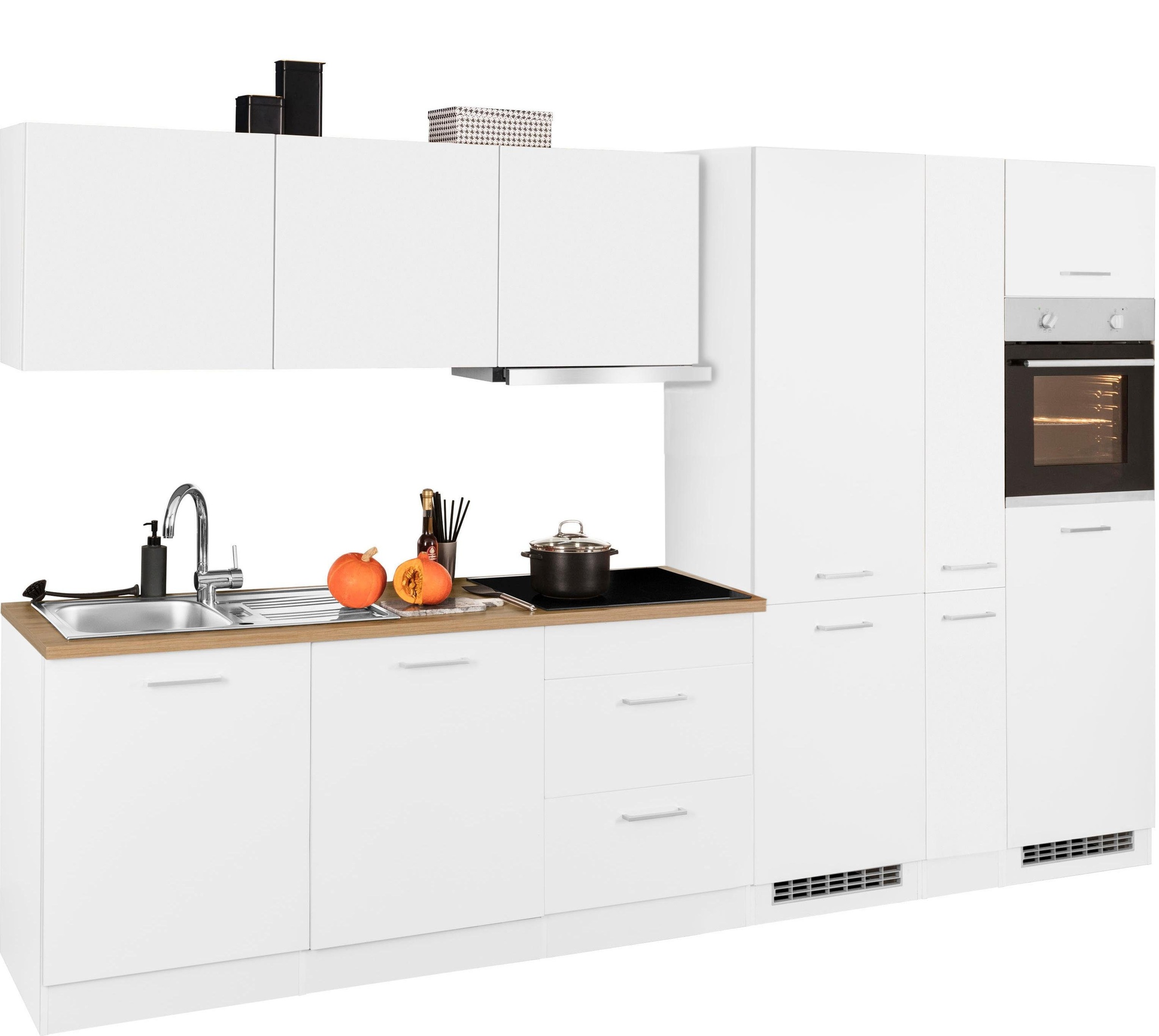 KOCHSTATION Küchenzeile »KS-Kehl«, mit E-Geräten, Breite 330 cm, inkl. Kühl/Gefrierkombination