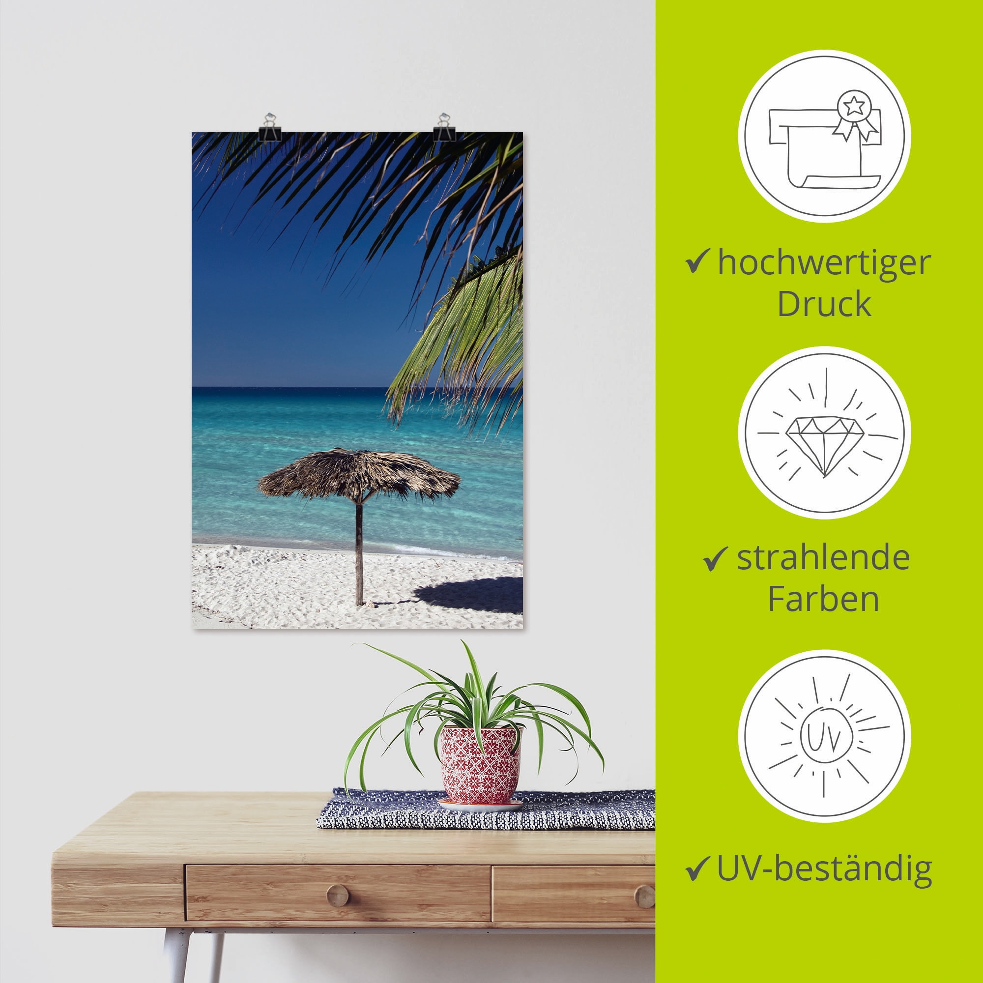 Artland Poster »Sonnenschirm am Strand«, Amerika, (1 St.), als Alubild, Leinwandbild, Wandaufkleber oder Poster in versch. Größen