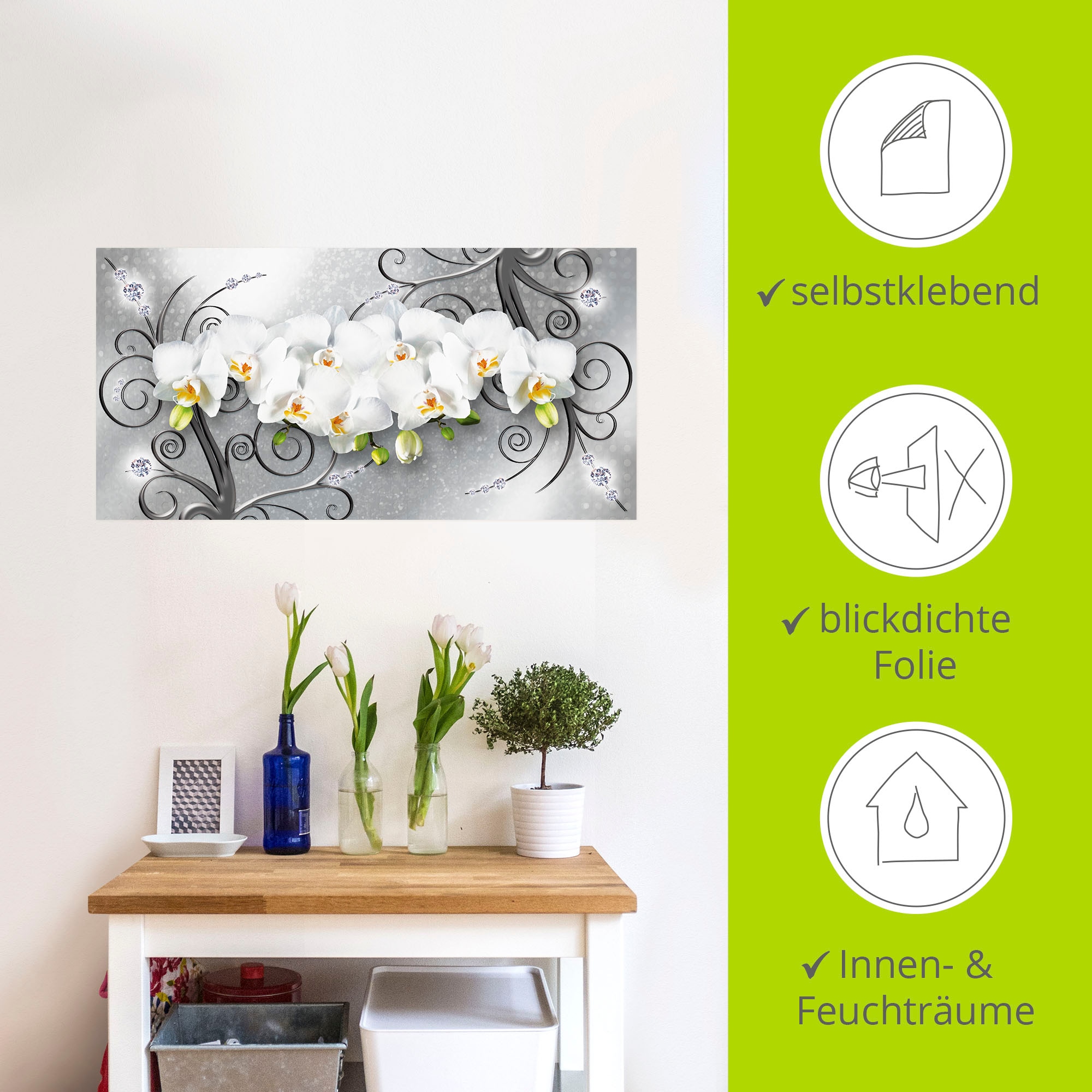 Artland Wandbild »weiße Orchideen auf Ornamenten«, Blumenbilder, (1 St.), als Alubild, Outdoorbild, Leinwandbild, Poster, Wandaufkleber
