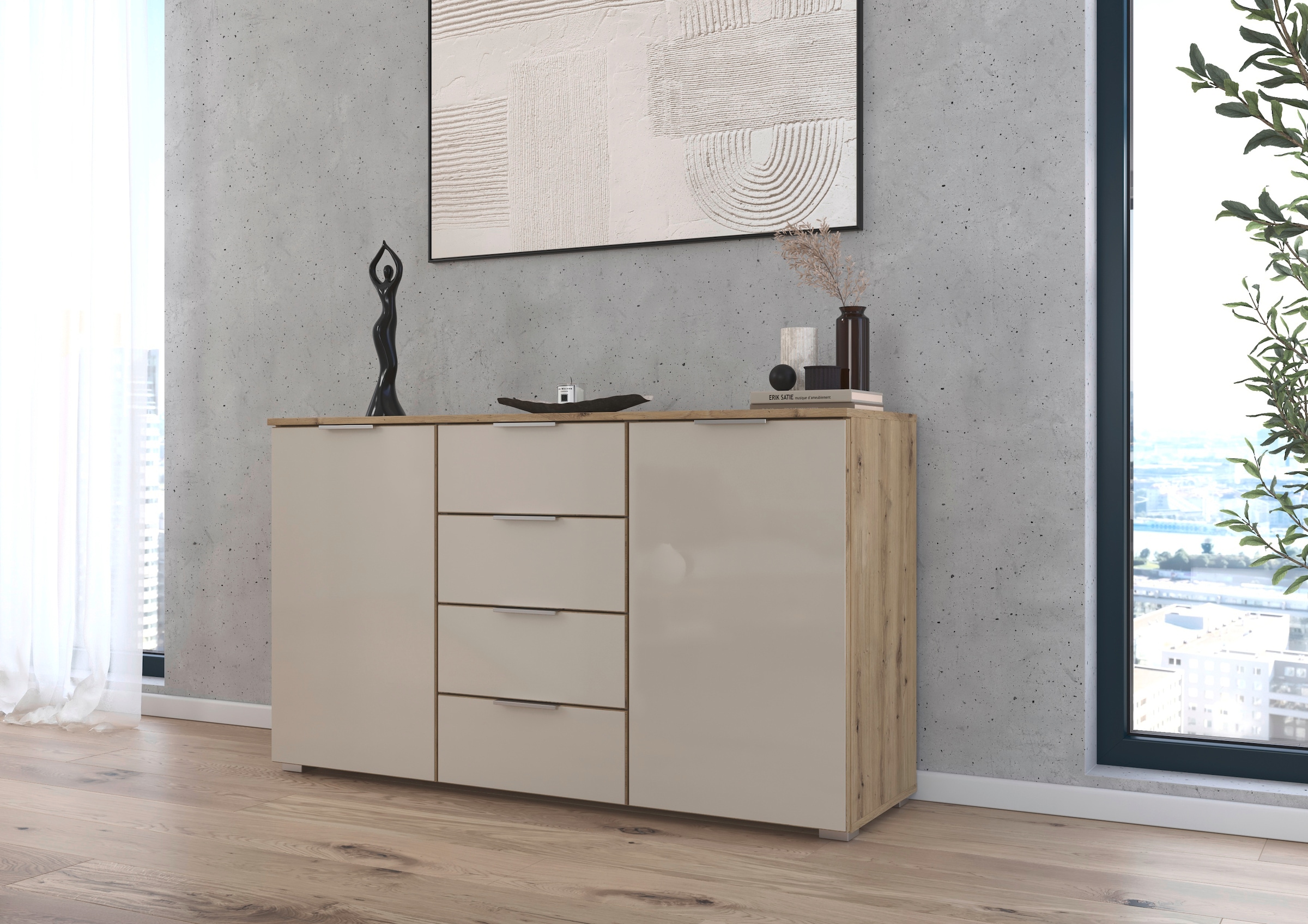 rauch Kombikommode »Sideboard Kombikommode Schubladenkommode AGORDO mit Glasfront«, (in zwei Griff-Farben), mit 4 Schubkästen und 2 Türen sowie Metallgriffen MADE IN GERMANY