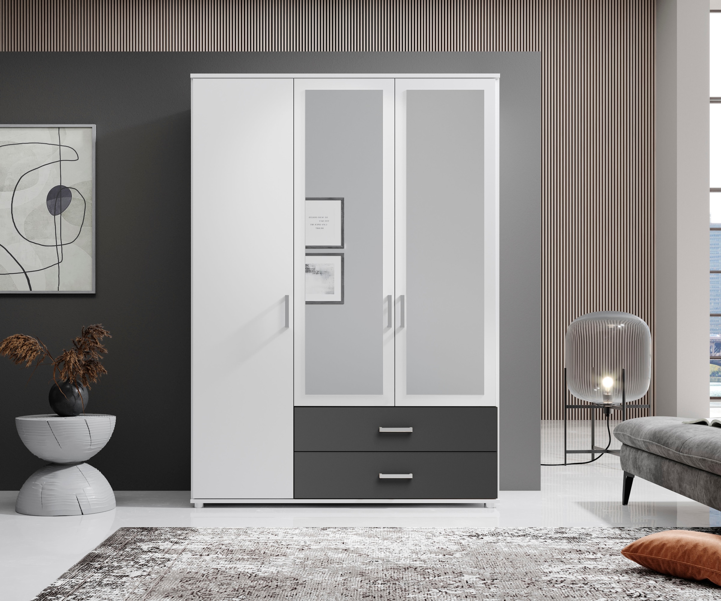 Schlafkontor Drehtürenschrank »Ivar Kleiderschrank mit Spiegel«, inklusive 2 Spiegeltüren und 2 farblich abgesetzten Schubkästen