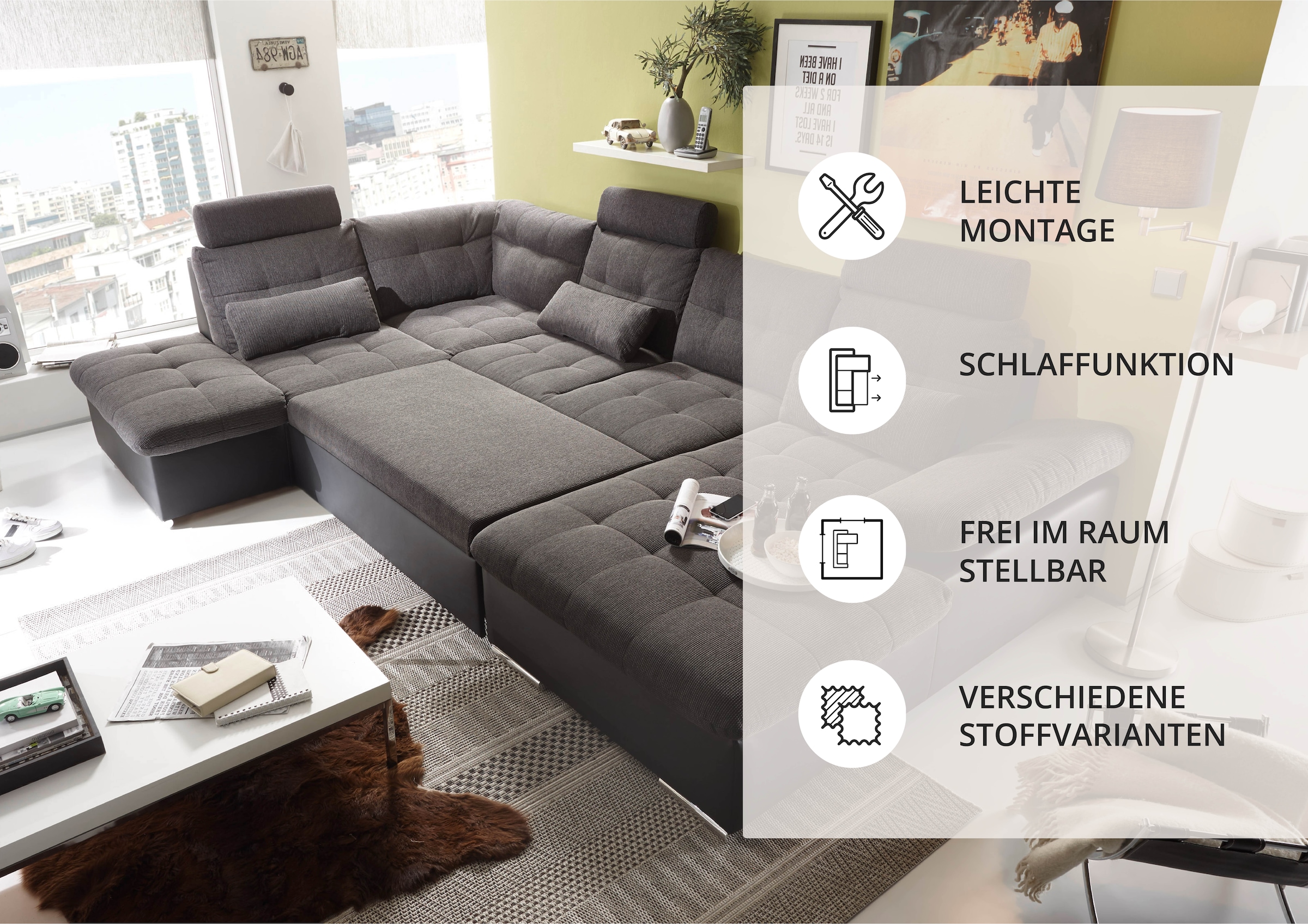 ED EXCITING DESIGN Wohnlandschaft »Jakarta U-Form mit Bettfunktion, Bettkasten« Armteilverstellung, Kopfstützen & 3 Nierenkissen