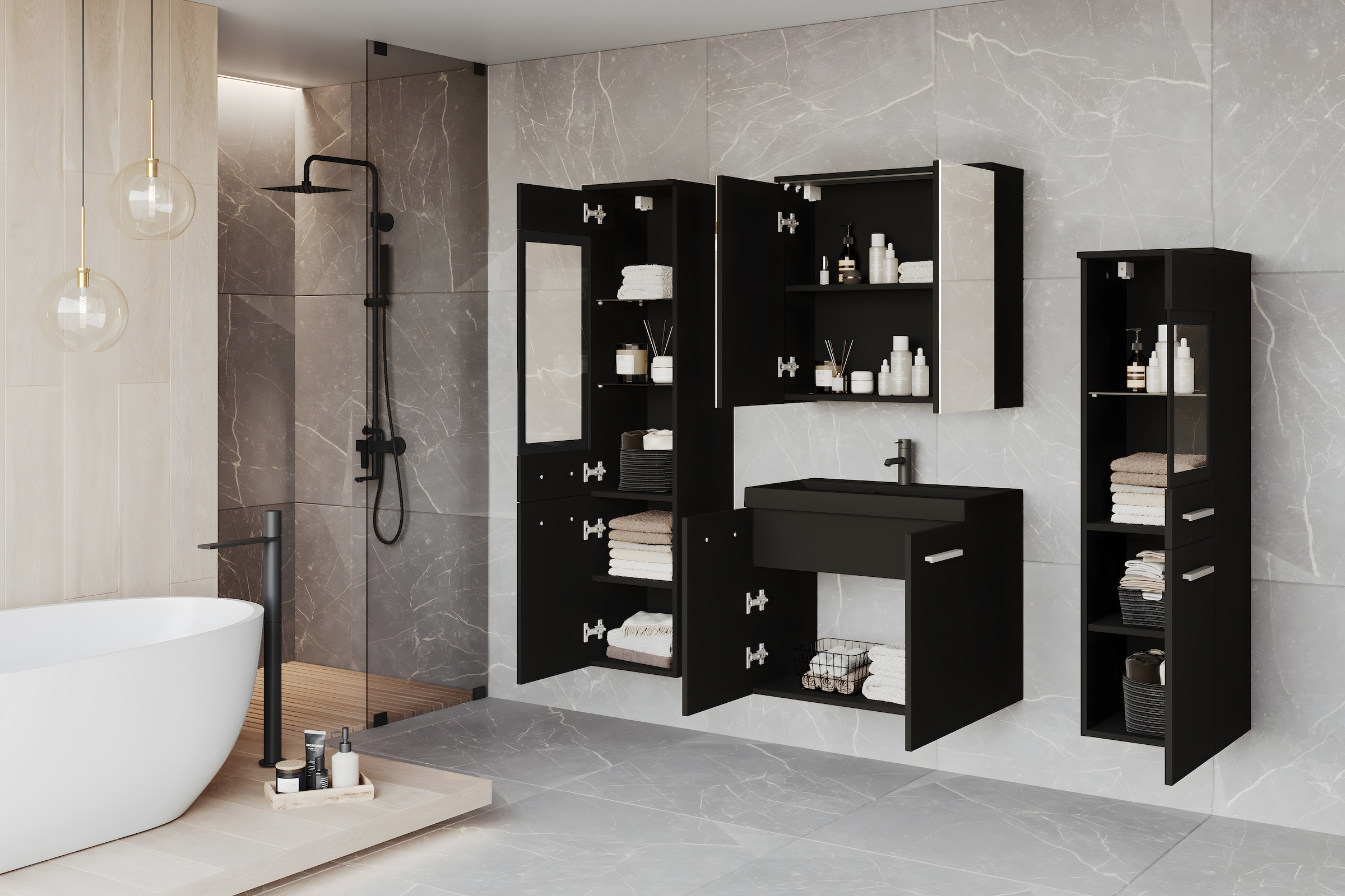 welltime Badmöbel-Set »MADRIT II, Schrank mit Waschbecken, 2 Hänger, Spiegelschrank«, (Komplett-Set, 5 St.), Hängende Badmöbel mit Glaseinsätzen – in vielen Farben erhältlich