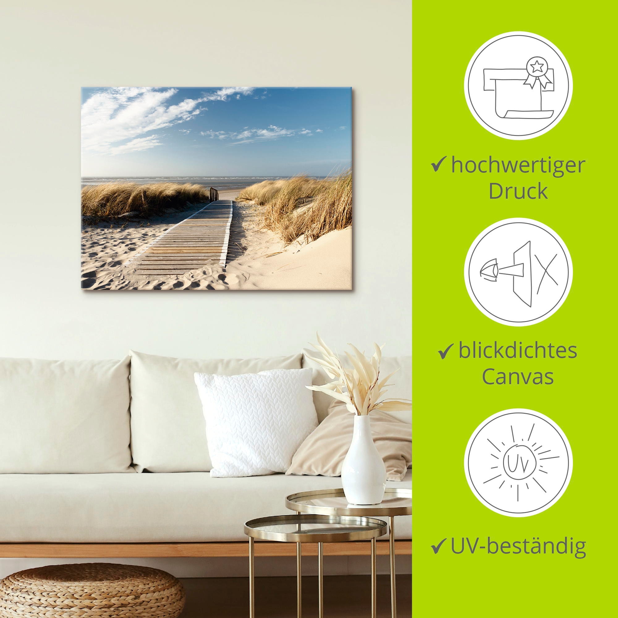 Artland Wandbild »Nordseestrand auf Langeoog - Steg«, Strand, (1 St.), als Alubild, Outdoorbild, Leinwandbild, Wandaufkleber, versch. Größen
