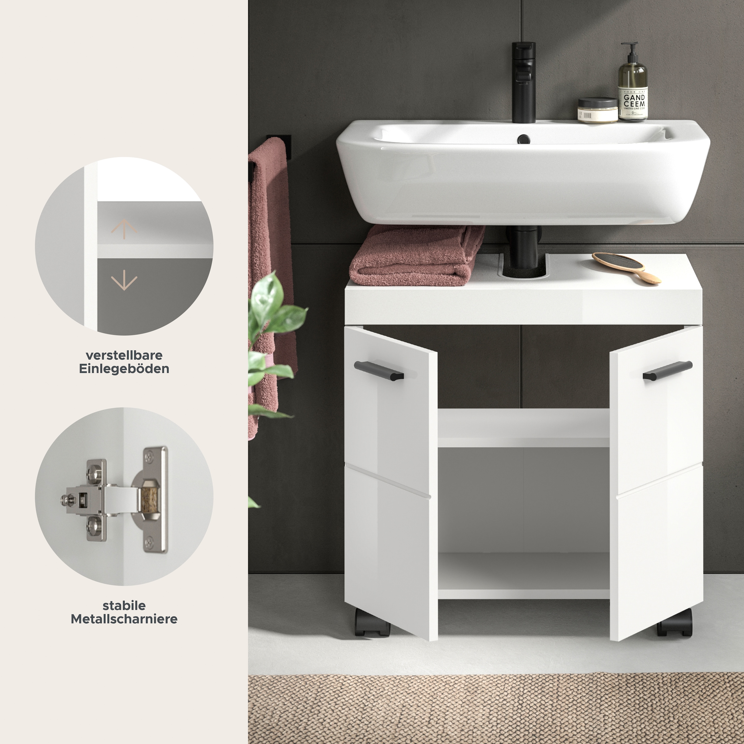 welltime Waschbeckenunterschrank »AVON, Breite 60 cm, 2 Türen, 1 Einlegboden, 2 Fächer« mit Siphonausschnitt 22x8 cm, Rückwand mit Ausschitt,  Badmöbel, Badschrank, Unterschrank, Waschtisch, Kommode, Bad