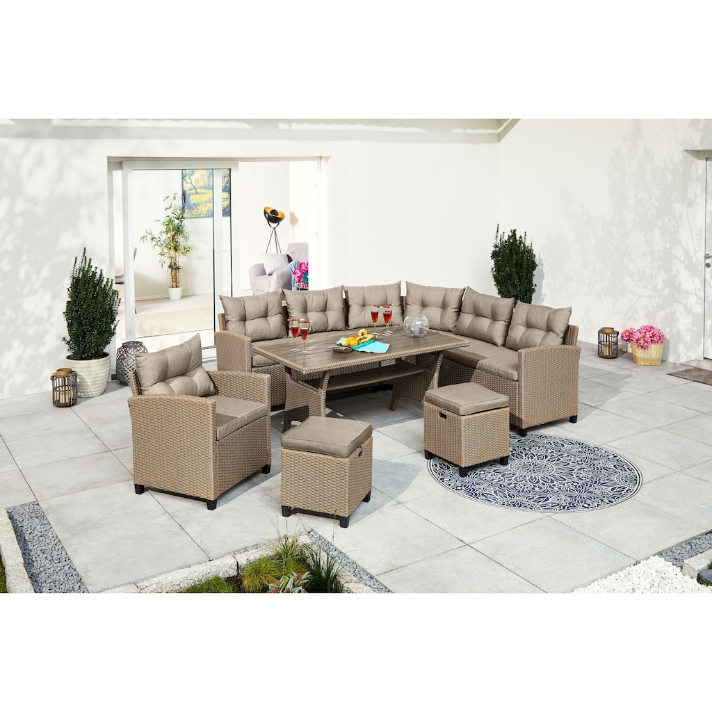 KONIFERA Gartenlounge-Set »Keros Premium«, (Set, 20 tlg., 2x 2er Sofa, 1x Ecke, 1x Sessel, 2x Hocker, 1x Tisch 145x75x67,5cm), Ecklounge, Polyrattan, Stahl, geeignet für 8 Personen, inkl. Auflagen