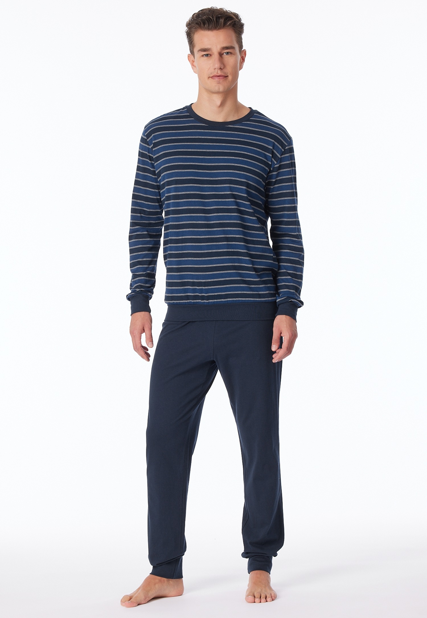 UNCOVER BY SCHIESSER Schlafanzug 2 Stk. tlg., Rundhalsausschnitt, Langarm, Single Jersey, feine Blockstreifen 800-blau 48 48 Herren-Pyjama von...