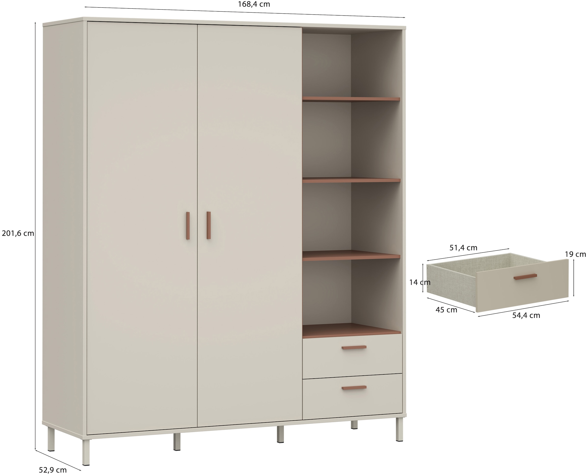 FORTE Kleiderschrank »Milles« trendiges Dekor, Vollauszug Schubkästen, Metallbeine