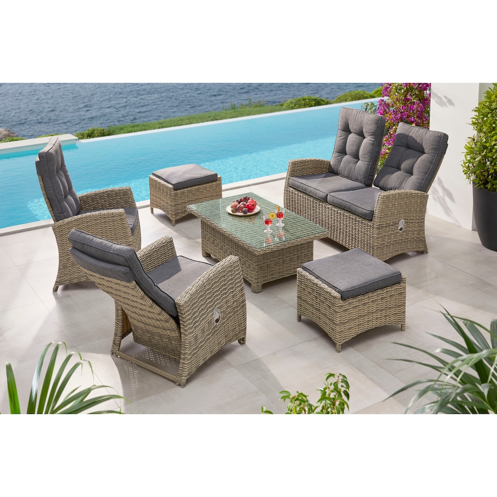 KONIFERA Gartenlounge-Set »Monaco«, (Set, 16 tlg., inkl. Auflagen, Alu, Polyrattan), höhenverstellbarer Tisch 43,5 - 66,5 cm