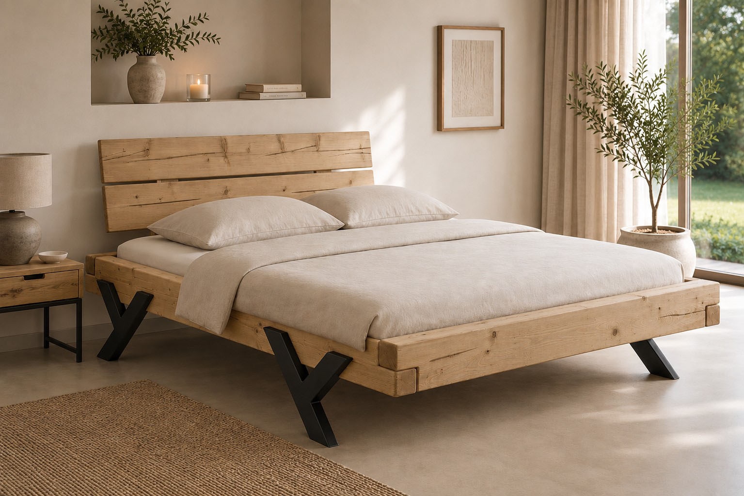 Home affaire Massivholzbett »Ultima Balkenbett Doppelbett, Füße aus Metall in Y-Form« hohe Belastbarkeit: 200kg je Seite,  FSC®-zertifizierte Wildeiche oder Fichte, viele Breiten zur Auswahl