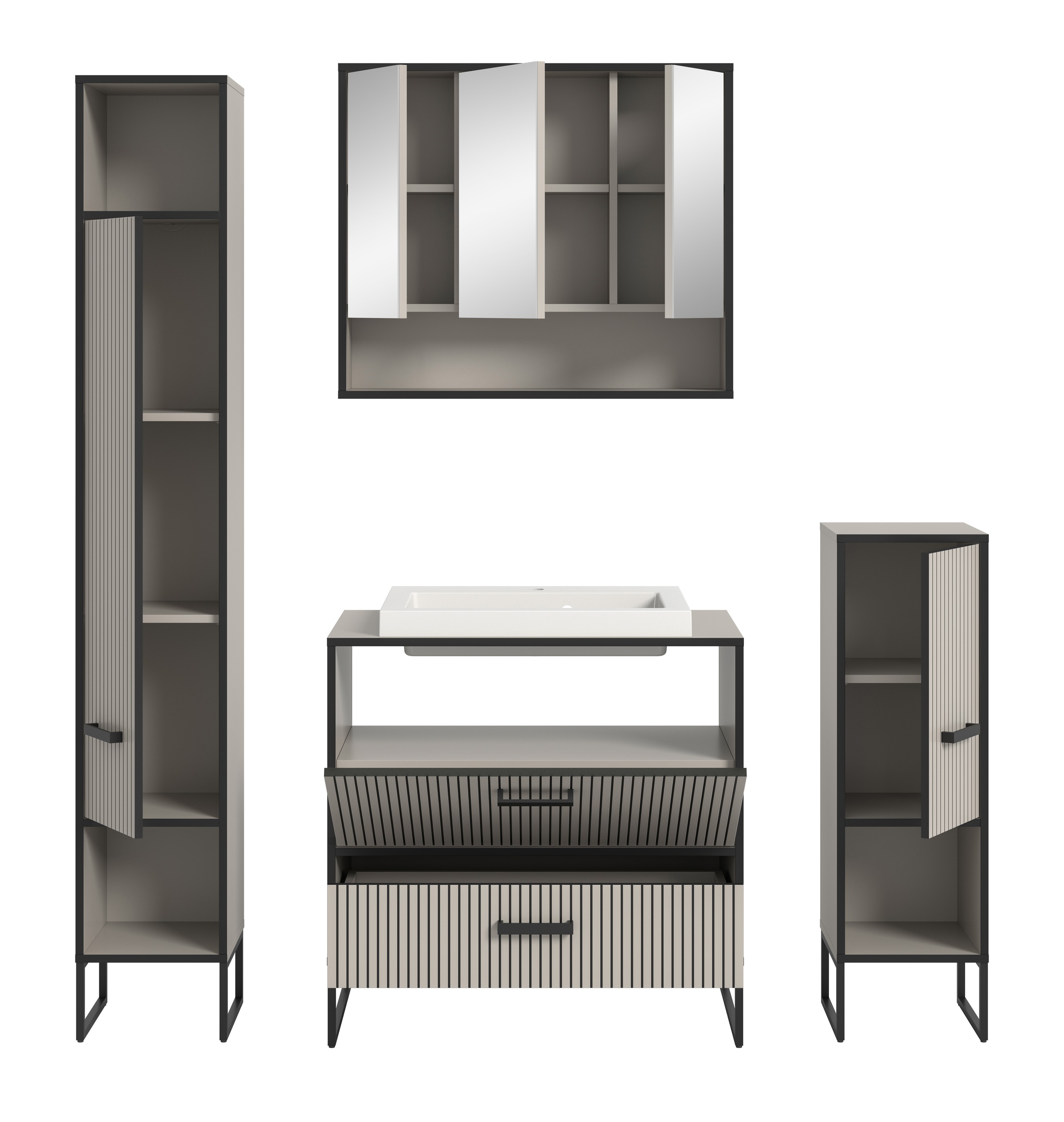 welltime Badmöbel-Set »Locri, Breite 170 cm, Rillenoptik, Metallkufen«, (4 St.), best. aus: Hochschrank, Spiegelschrank, Standschrank, Waschtisch