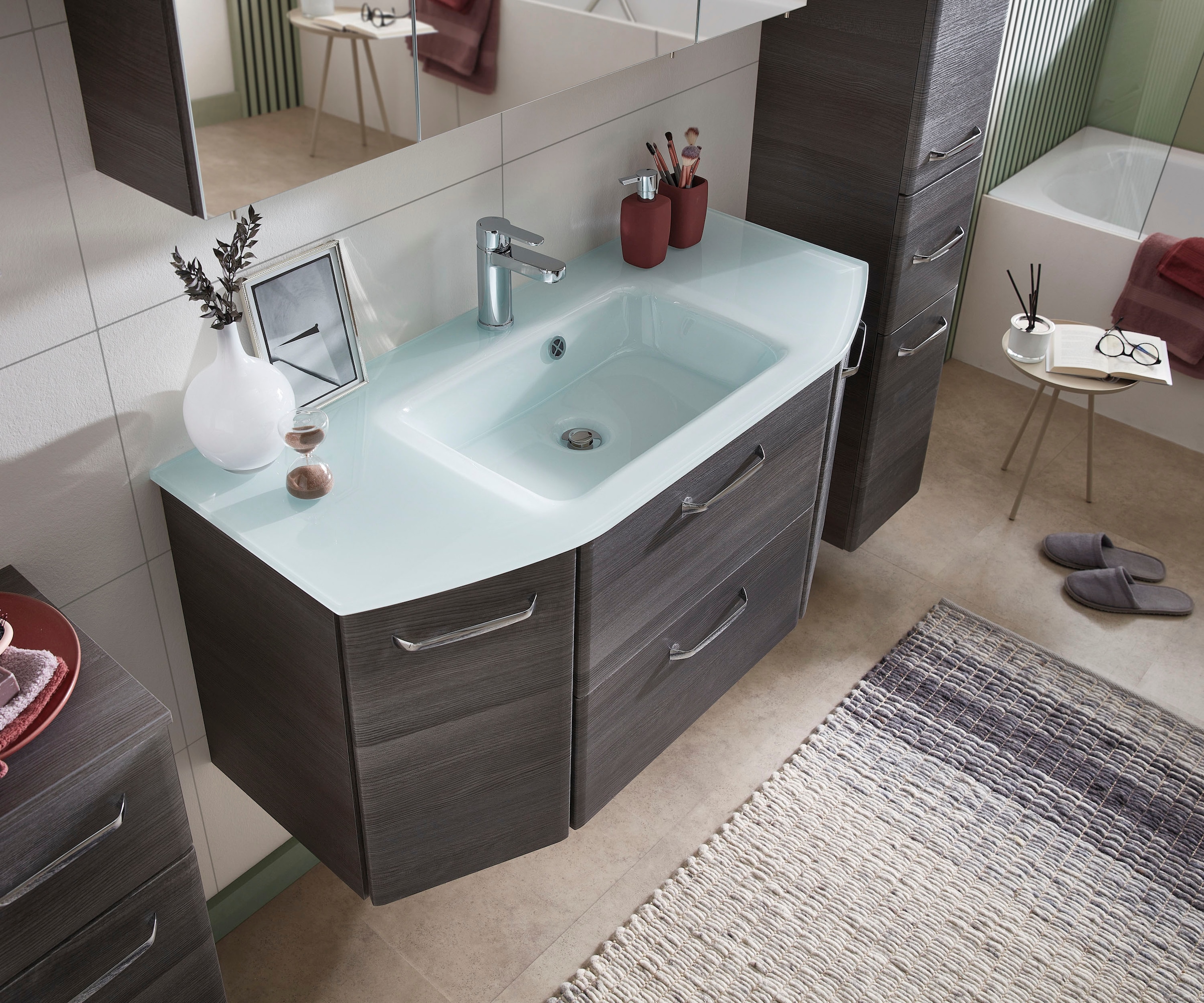 Saphir Badmöbel-Set »Quickset 5-teilig Glas-Waschtisch mit LED-Spiegelschrank, Bad-Set« 6 Stk. tlg.