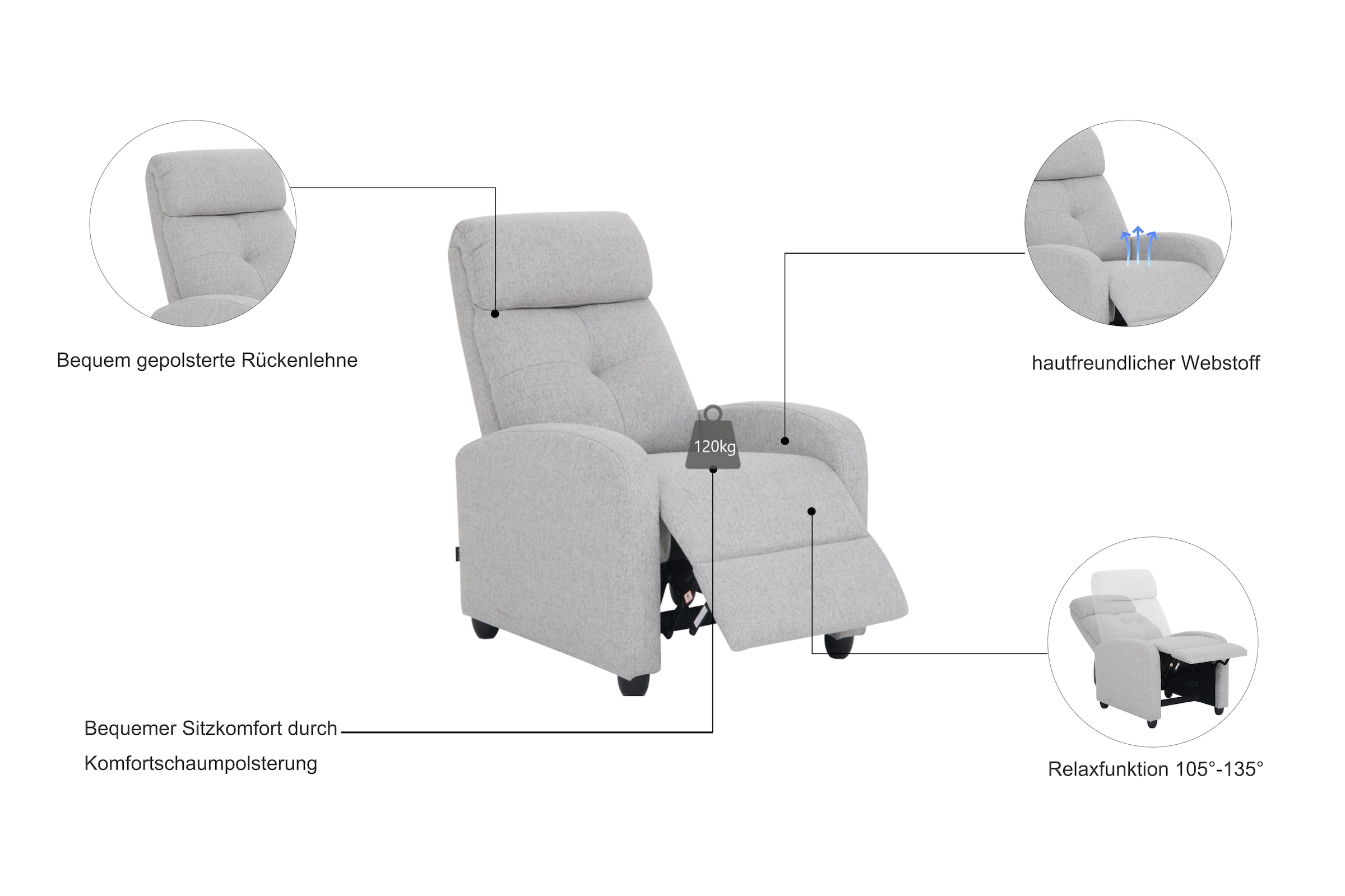 Home affaire Relaxsessel »VESOUL, TV-Sessel, Ruhesessel mit Schlaffunktion, Webstoff«, Loungesessel mit manueller Relax- und Liegefunktion (105°-135°)