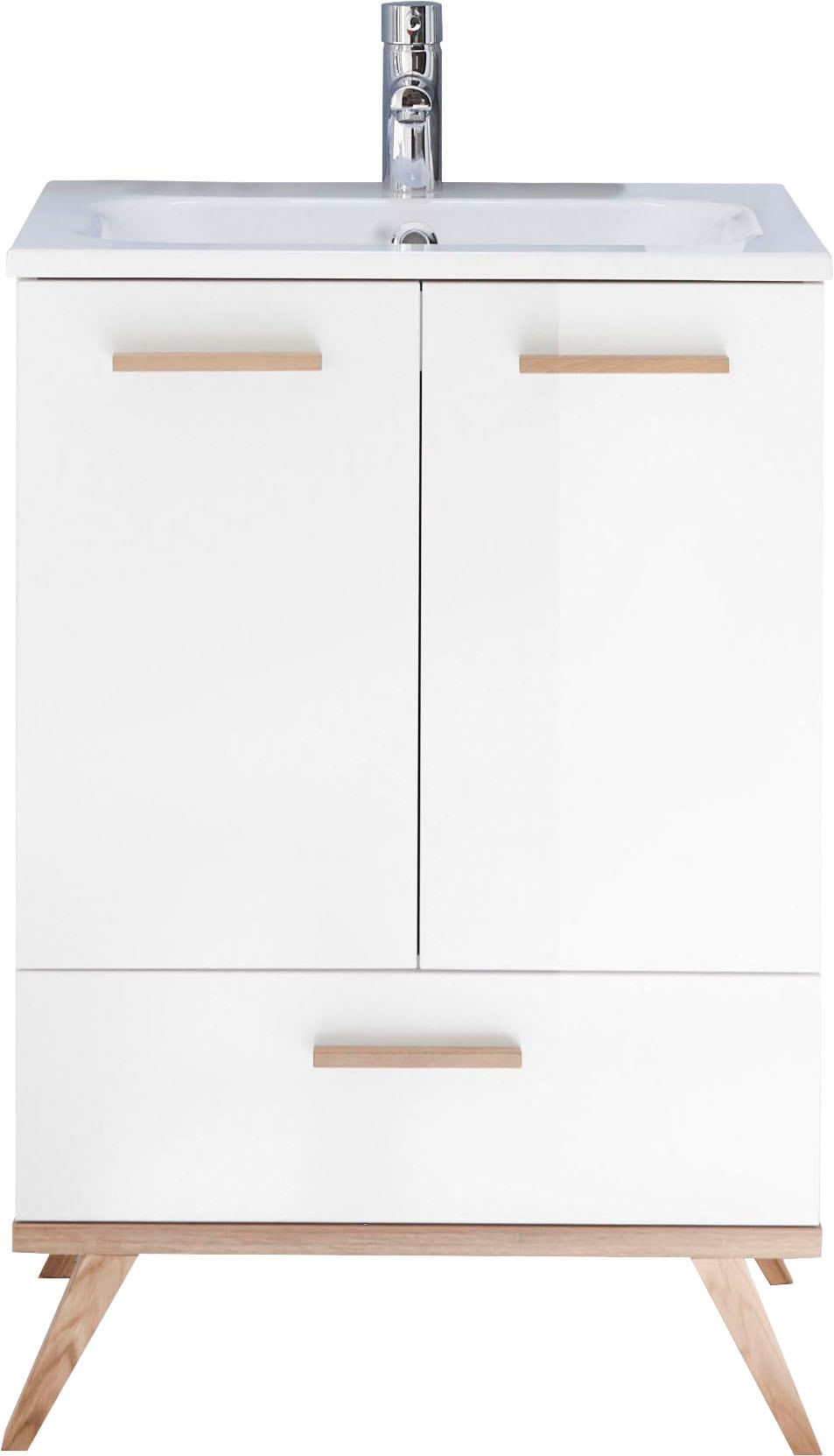 Saphir Waschtisch »Quickset Mineralmarmor-Waschtisch mit Unterschrank, 61 cm breit«, Wachplatz, Holzgriffe, inkl. Türdämpfer, 2 Türen, 1 Schublade