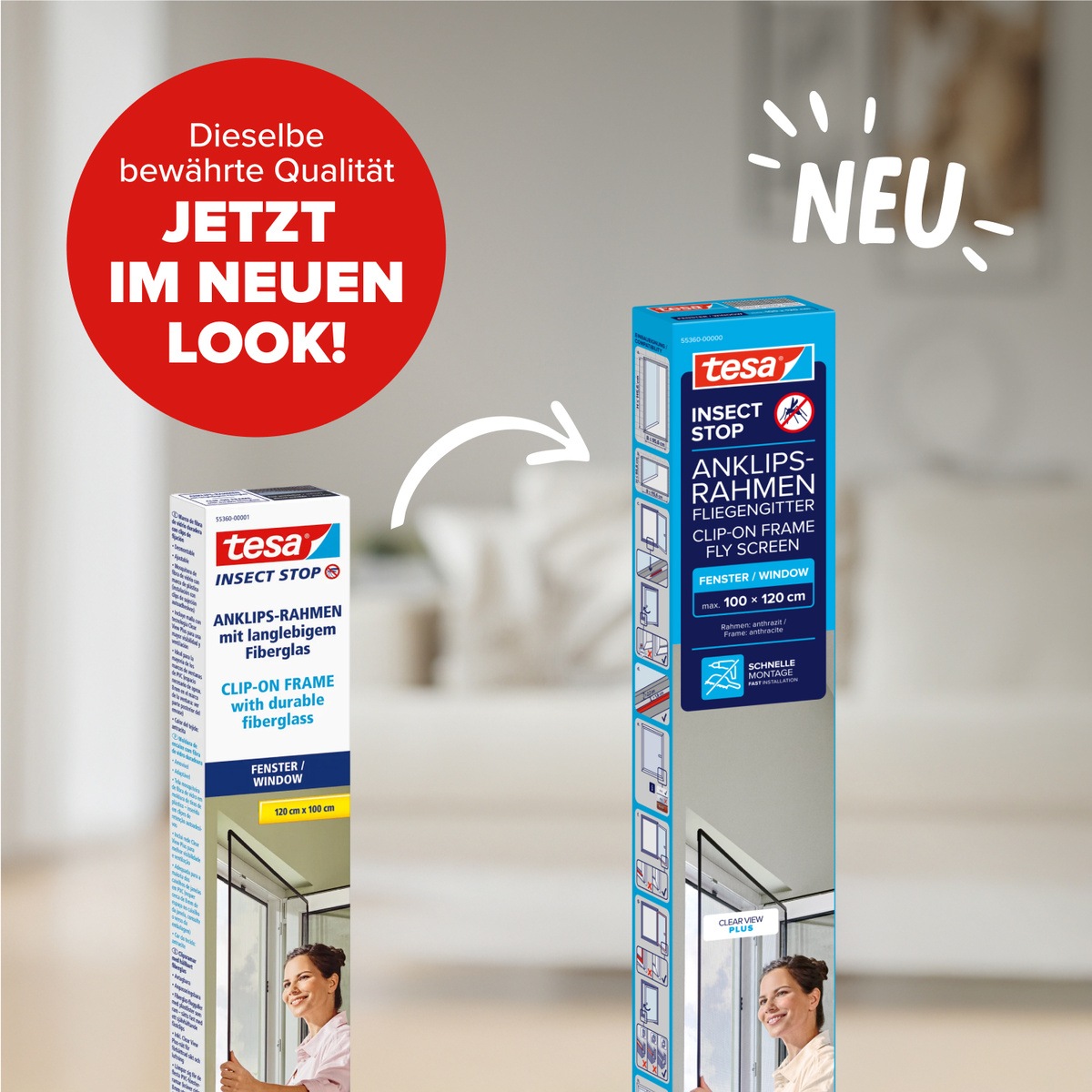 tesa Insektenschutz-Fensterrahmen »Anklips-Rahmen Fliegengitter für Fenster, Anthrazit (Durchsichtig)« Packung, inkl. Fiberglas-Netz in Anthrazit, Rahmen und Halteklip-Lösung, 1 Stk. tlg. INSECT STOP Netz aus Fiberglas, selbstklebende Halte-Klips