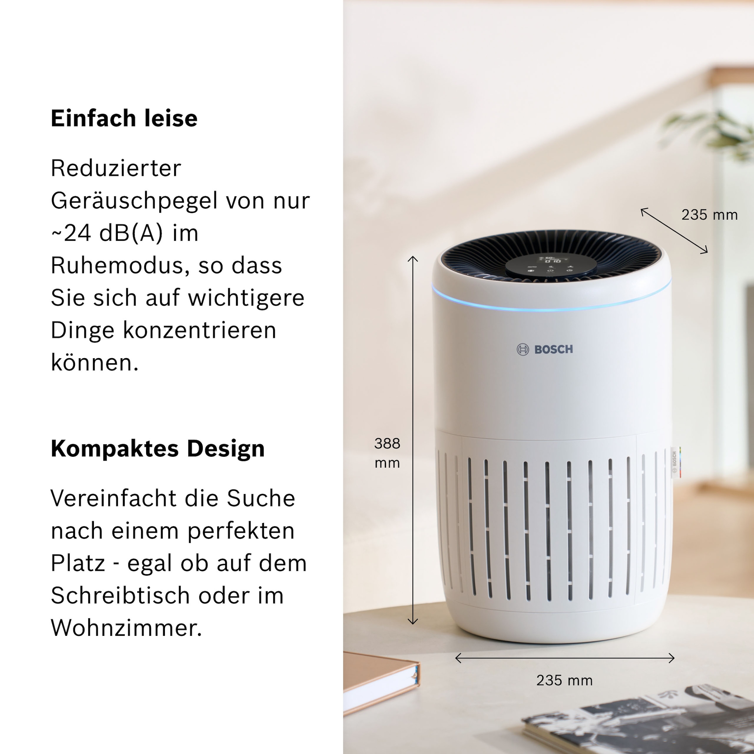 BOSCH Luftreiniger »Air 2000i, kompakt mit App-Steuerung« für 37 qm Räume mit 3-in-1 Luftfilter, Smart Sensor, Automatik-, Ruhemodus < 25 dB(A)
