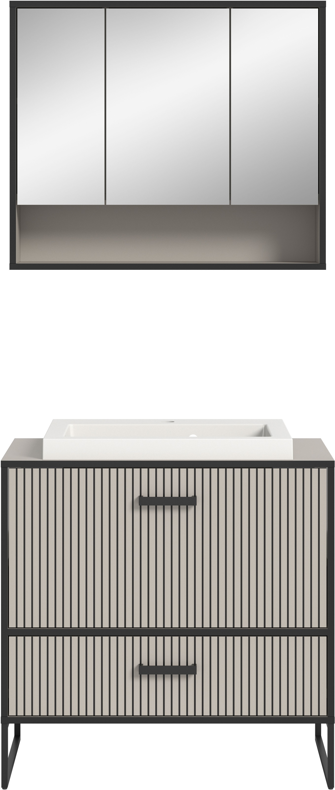 welltime Badmöbel-Set »Locri, Breite 80 cm, Rillenoptik, Metallkufen«, (2 St.), best. aus: Spiegelschrank, Waschtisch