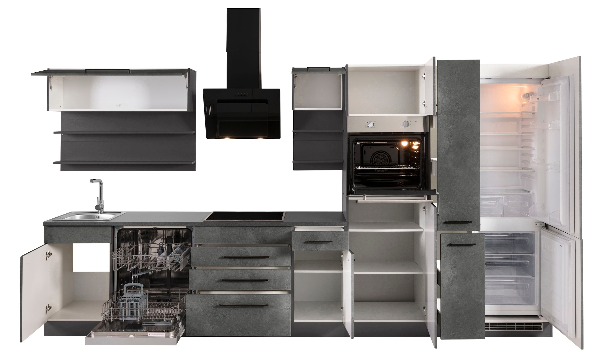 KOCHSTATION Küchenzeile »KS-Tulsa«, ohne E-Geräte, Breite 360 cm, schwarze Metallgriffe, MDF Fronten