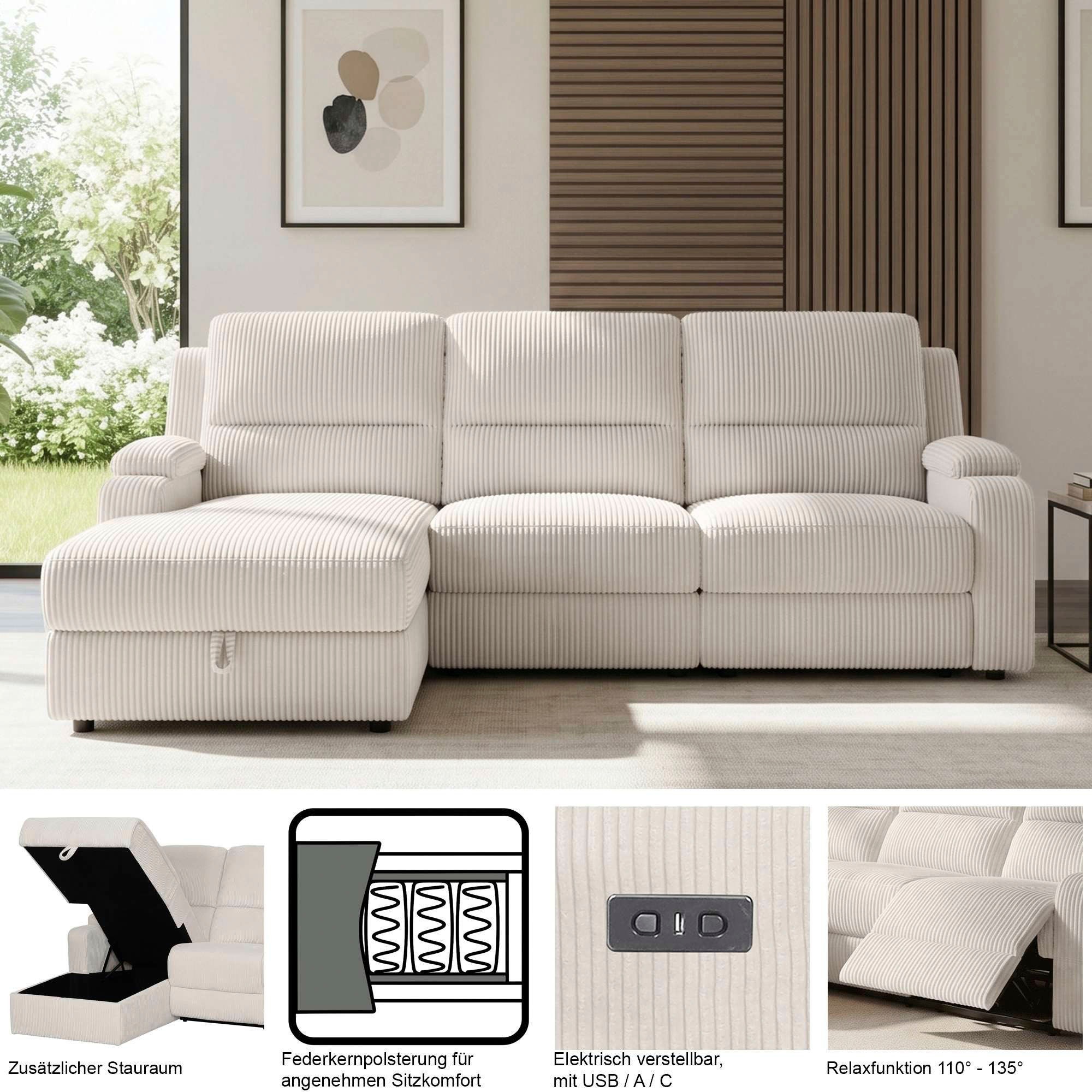 OTTO home Ecksofa »NAPORI Microfaser, Multimediasofa, L-Form« man. oder elektr. Relaxfuntion, USB-A bei elektr. Variante, Staukasten