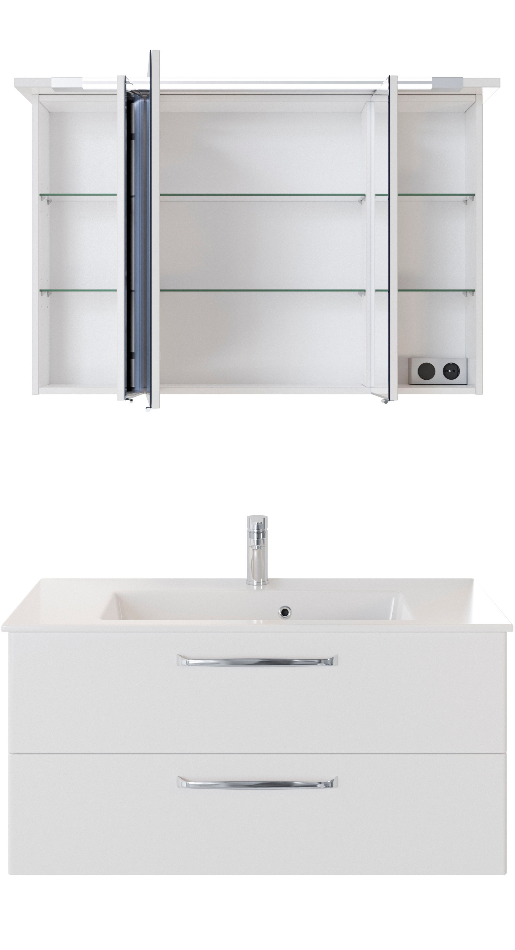 Saphir Badmöbel-Set »Trentino 2-tlg Mineralmarmor-Waschtisch, Spiegelschrank mit LED-Profil«, (3 St.), Badmöbel-Set 107cm breit, inkl. Türdämpfer, 3 Türen, 2 Auszügen