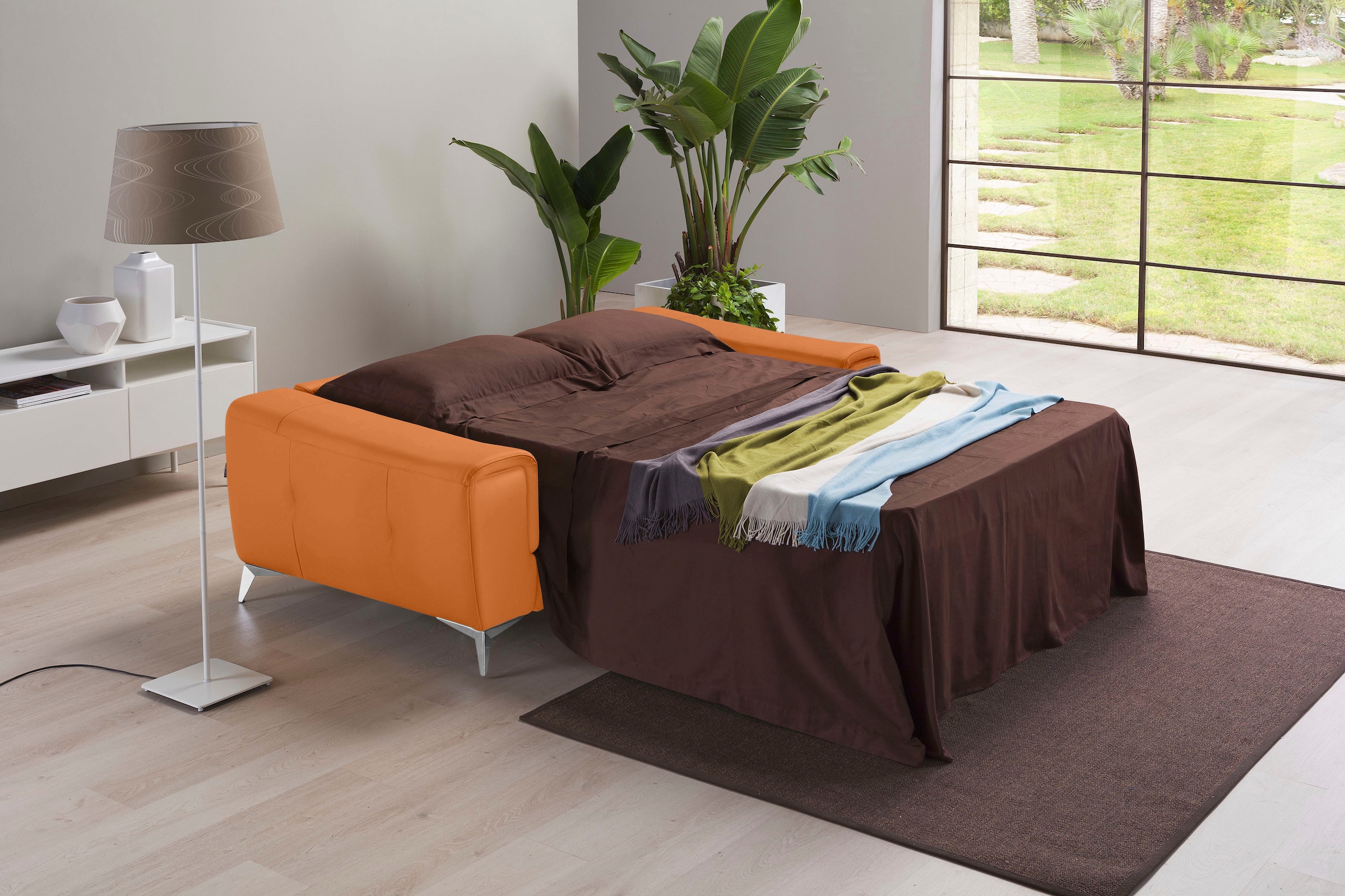 Egoitaliano Schlafsofa »Francine Designsofa, Loungesofa mit Dauerschlaffunktion, Breite 233 cm«, mit Bettfunktion, Leder BULL, orange, Fußfarbe chrom