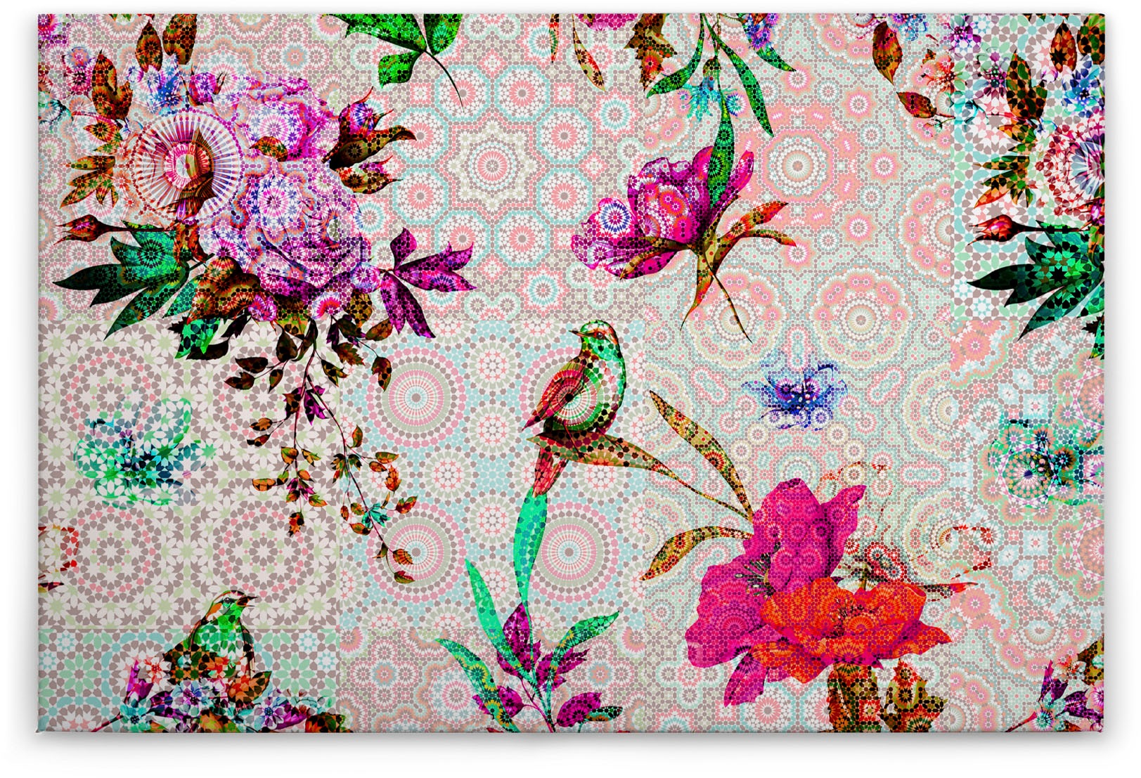 A.S. Création Leinwandbild »mosaic garden«, Kunst-Vögel-Kinder, (1 St.), Mosaik Keilrahmen Floral Blumen Vögel Leinwand-Bild Wohnzimmer modern