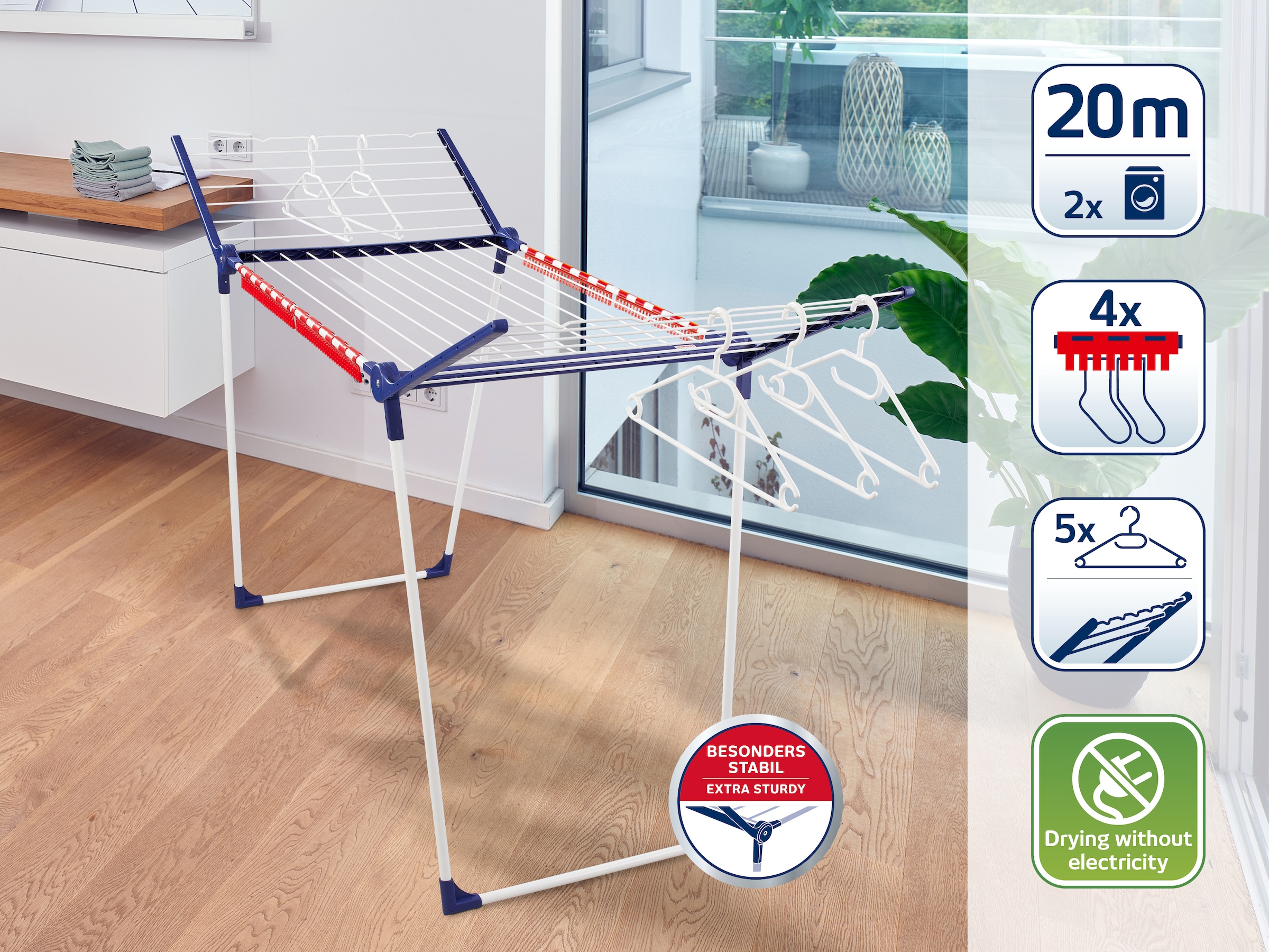 Leifheit Wäscheständer »Pegasus 200«, &5 Kleiderbügel,4 Kleinteilehalter + Wäscheklammerbeutel ohne Klammern