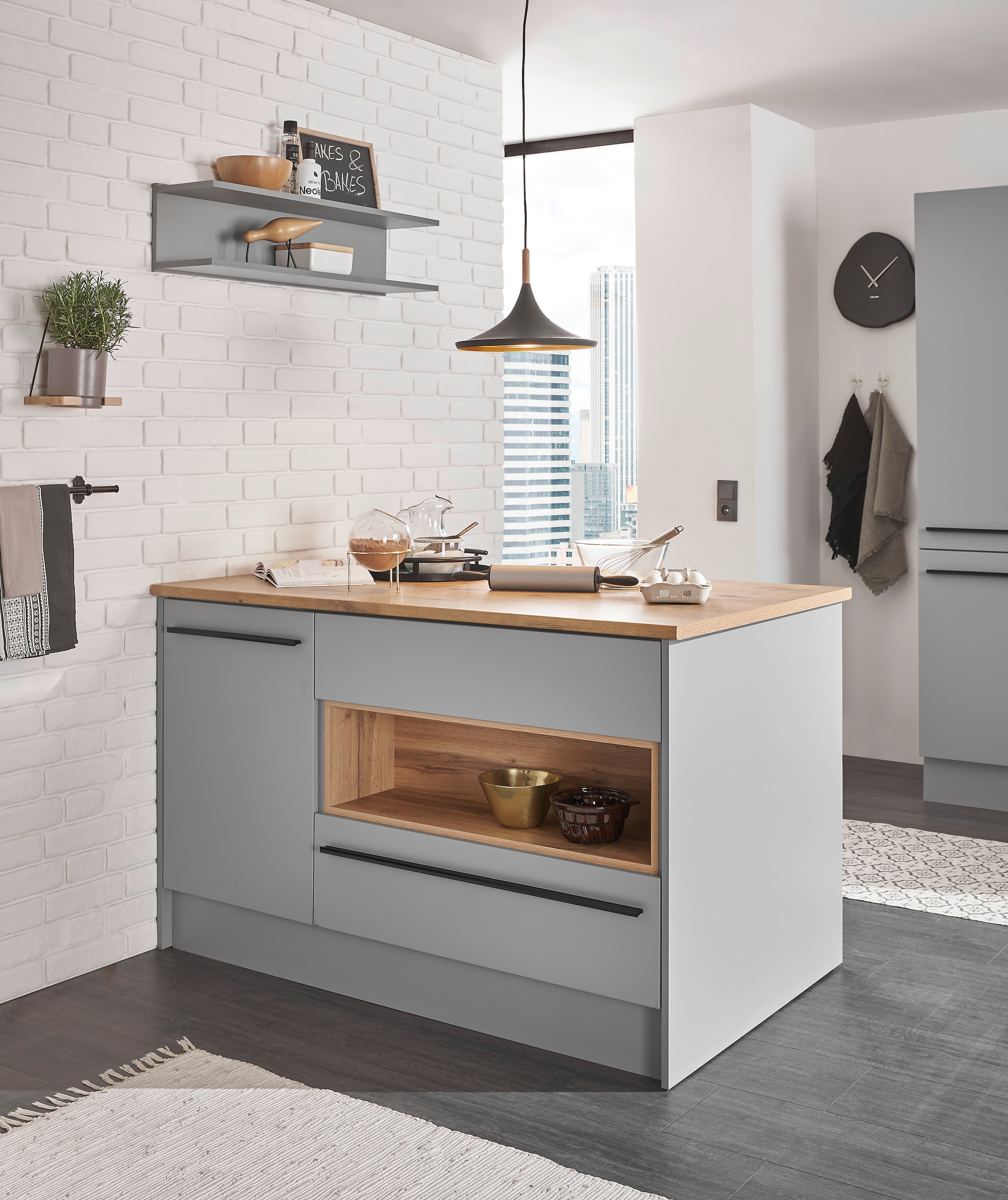 BASIC by Balculina Kücheninsel »Denver, Kochinsel + Küchenregal BxHxT 145 x 90 x 90/BxHxT 90x22x21«, Breite 145 cm, mit Tür, Schubkasten, Klappe und offenem Fach
