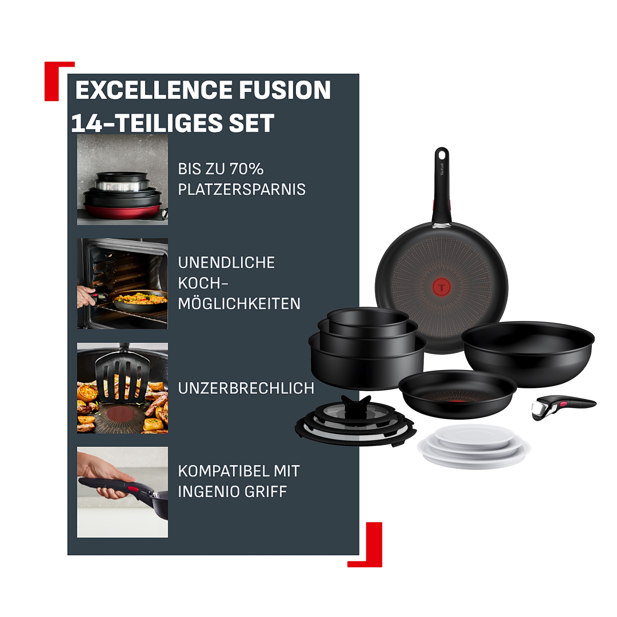 Tefal Pfannen-Set »Ingenio Excellence Fusion« Aluminium Set, 14 tlg. abnehmbarer Ingenio-Griff, Thermo-Signal, stapelbar, Induktion