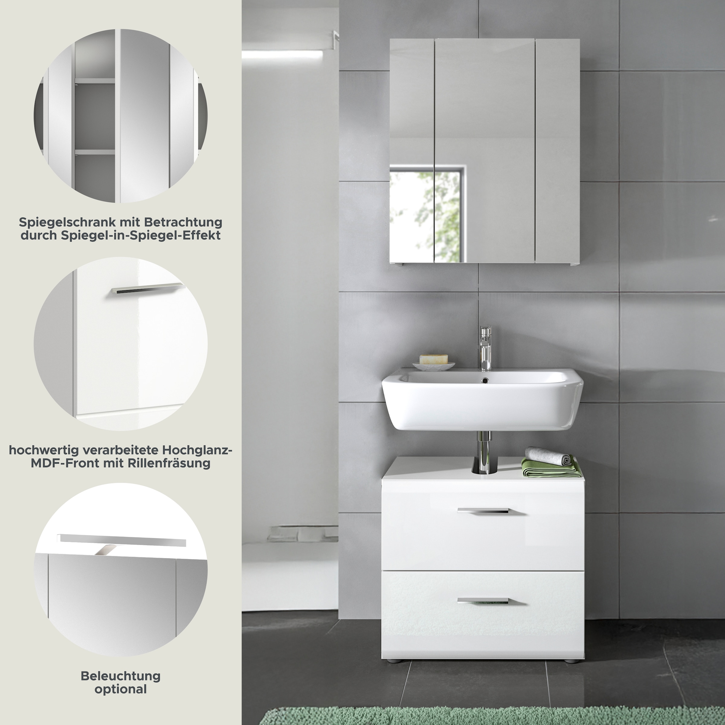 INOSIGN Badmöbel-Set »FLORENZ, TOPSELLER!, 2-teilige Badkombination, hochwertige MDF-Front«, (bestehend aus: 1 Waschbeckenunterschrank, 1 Spiegelschrank), Bad-Kombination, Bad-Möbel, Badezimmer, Kombination, Kombi