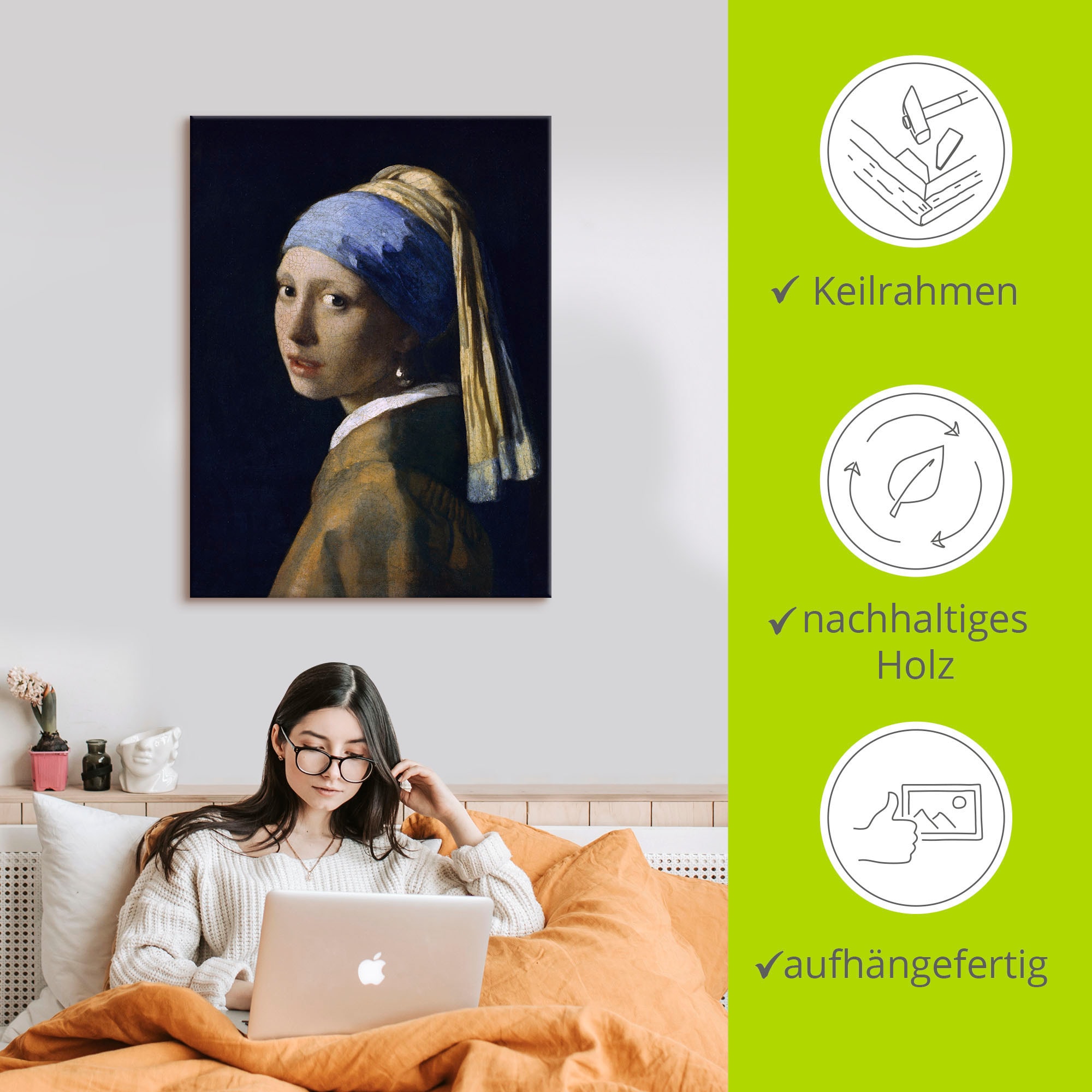 Artland Wandbild »Das Mädchen mit dem Perlenohrgehänge«, Frau, (1 St.), als Leinwandbild, Poster, Wandaufkleber in verschied. Größen