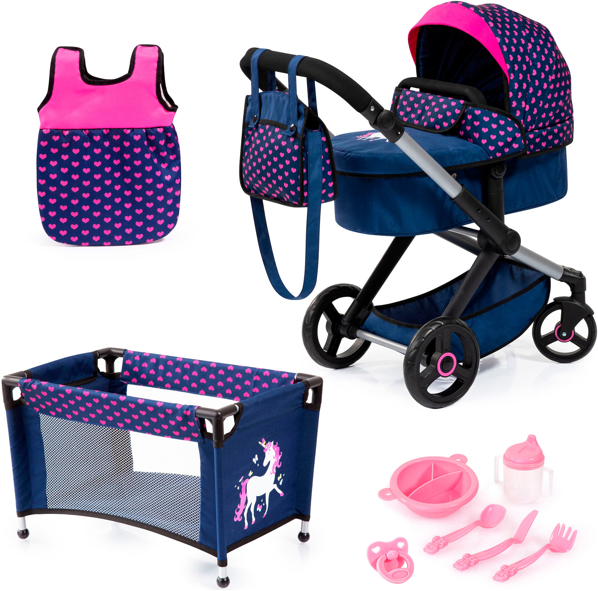 BAYER Kombi-Puppenwagen »Xeo« Einhorn blau/pink