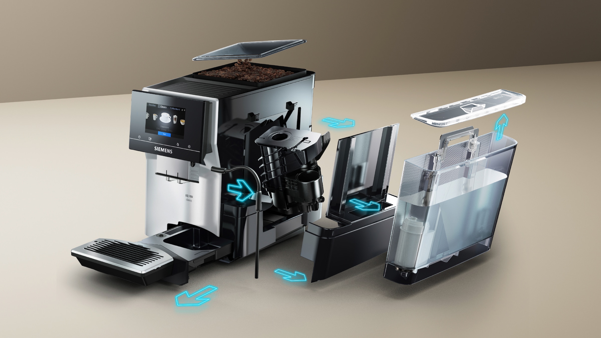 3. Bild von SIEMENS Kaffeevollautomat »EQ700 classic TP715D47, Cold Brew, intuitives 5" TFT-Display«, App, iaromaSelect, 10 Favoriten, autom. Dampfreinigung,silber metallic