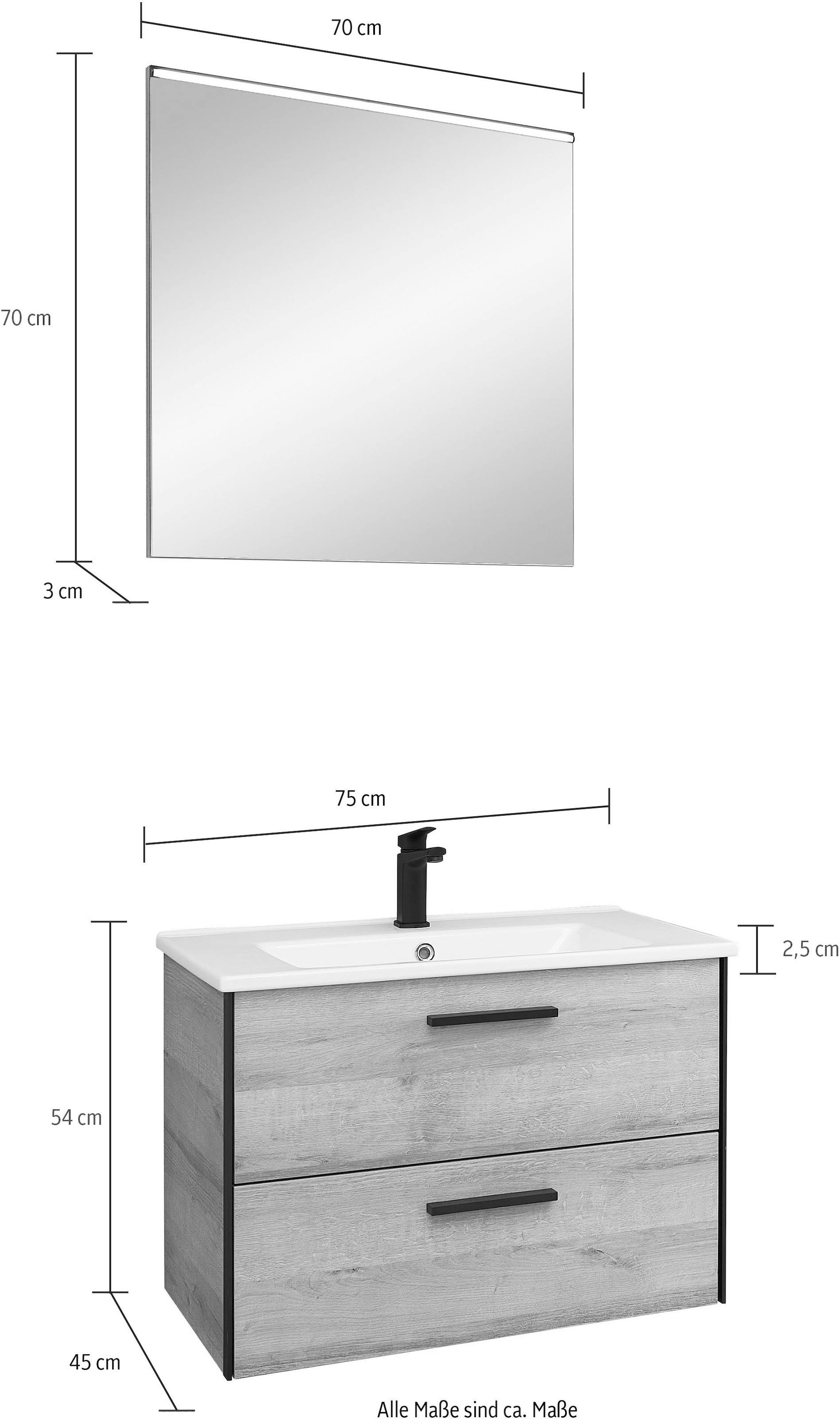 Saphir Badmöbel-Set »Quickset 395 2-teilig, Keramik-Waschtisch mit LED-Spiegel, 75 cm breit«, (2 St.), Waschplatz mit 2 Schubladen, Riviera Eiche quer Nachbildung, Bad-Set