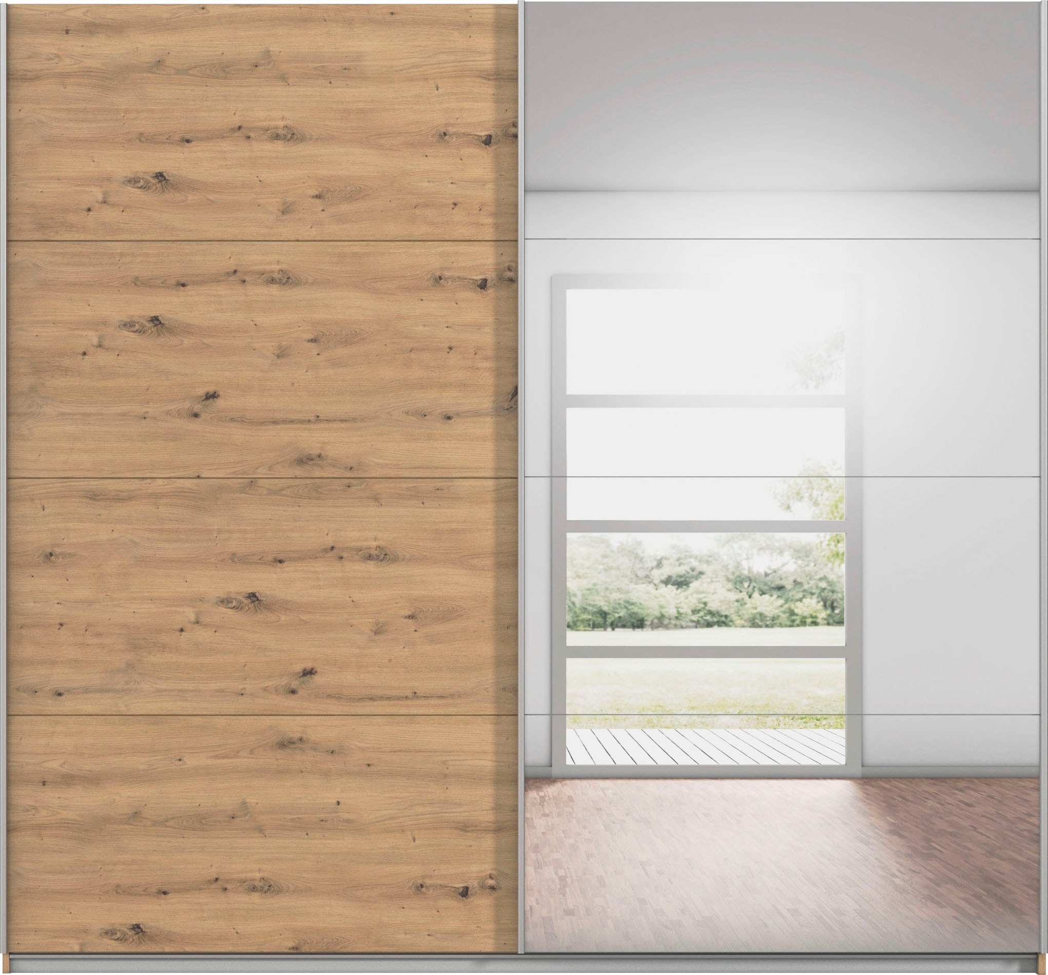 INOSIGN BY RAUCH Schwebetürenschrank »Kleiderschrank Schrank Garderobe Schlafzimmerschrank THANOS«, (in 3 verschiedenen Ausstattungen BASIC/CLASSIC/PREMIUM), Optional mit Spiegel, Metall-Griffleisten alufarben MADE IN GERMANY