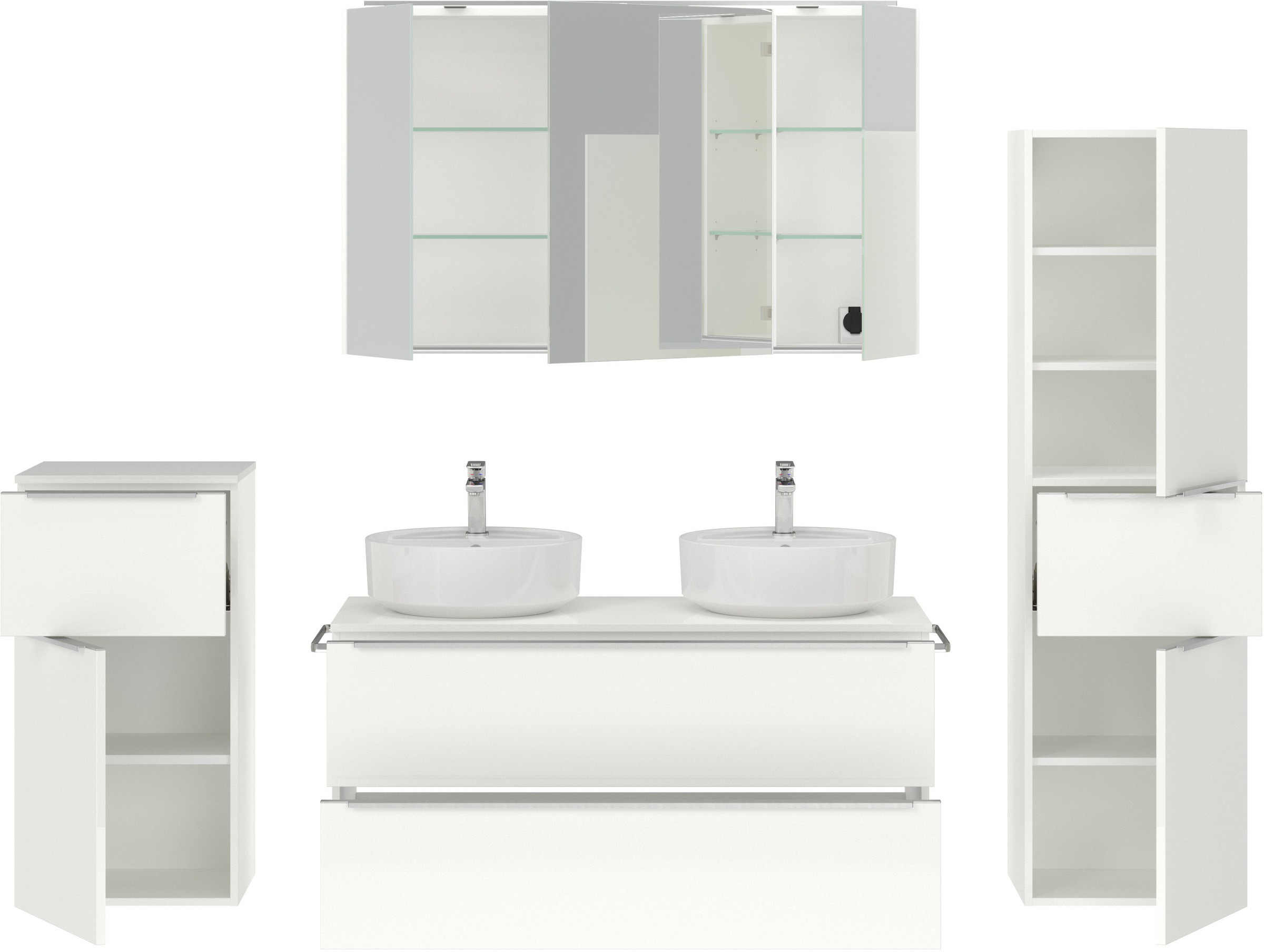 nobilia® Badmöbel-Set »Alvene«, (4 St., vormontiert, mit Soft-Close), inkl. Spiegelschrank mit Beleuchtung und Dimmerfunktion, in 4 Breiten