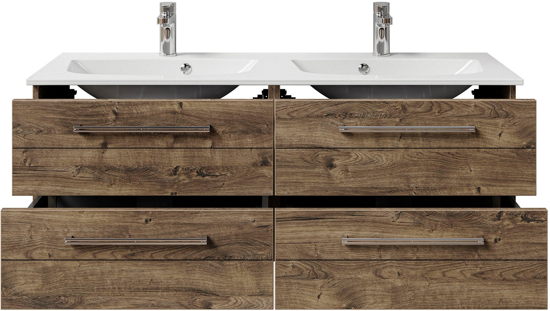 Saphir Badmöbel-Set »Serie 6025 2-teilig Mineralmarmor-Waschtisch mit LED-Spiegelschrank«, (2 St.), Waschplatz 132cm breit, 4 Schubladen, 2 Spiegel-Türen, inkl Türdämpfer