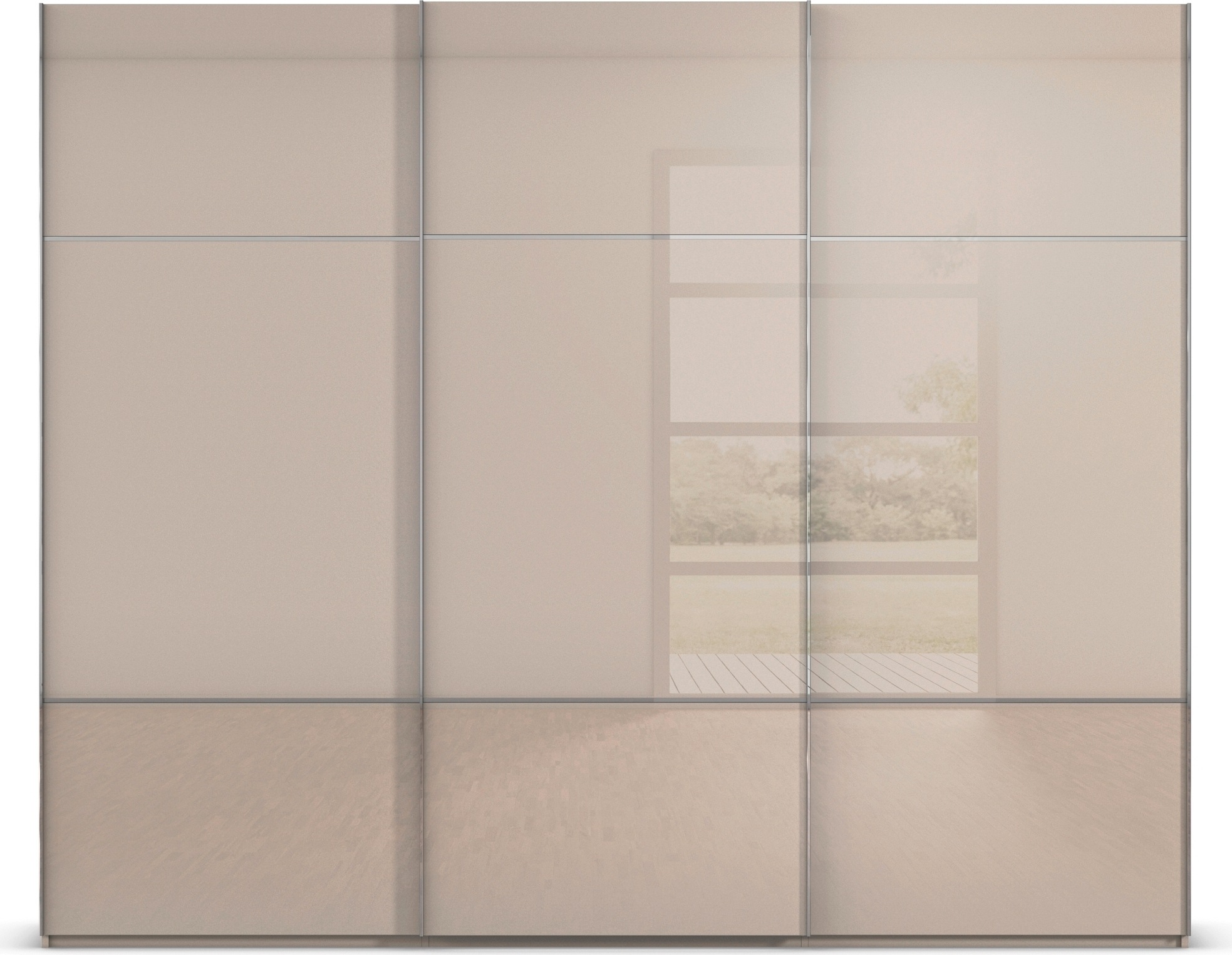 rauch Schwebetürenschrank »Kleiderschrank Schrank Garderobe Schlafzimmerschrank SCALE-TRIO«, edle dreigeteilte Front mit 2 Zierleisten Glasfront MADE IN GERMANY