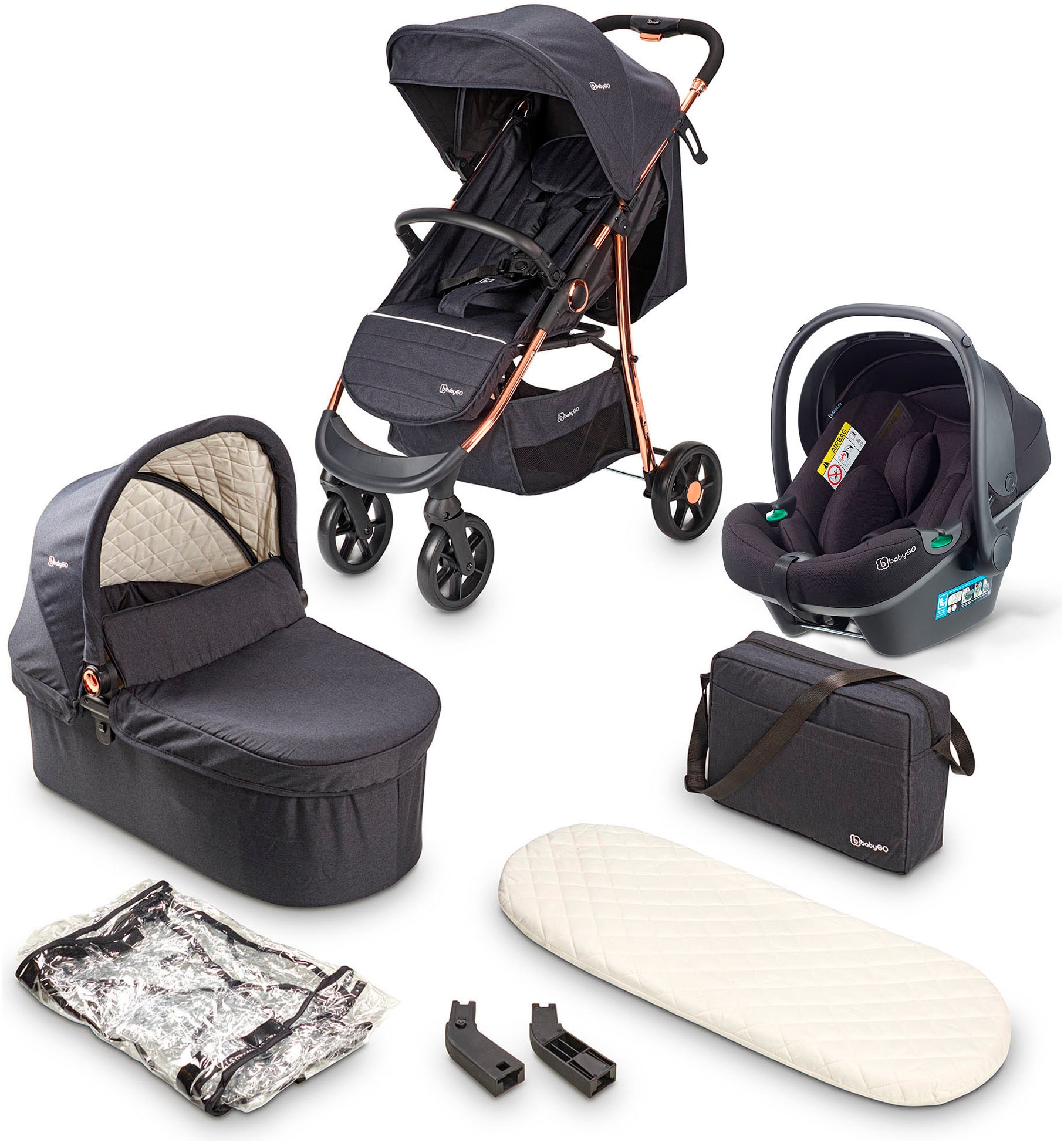 BABYGO Kombi-Kinderwagen »Style - 3in1« inkl. Babyschale mit Adaptern u. Wickeltasche rosegold/black
