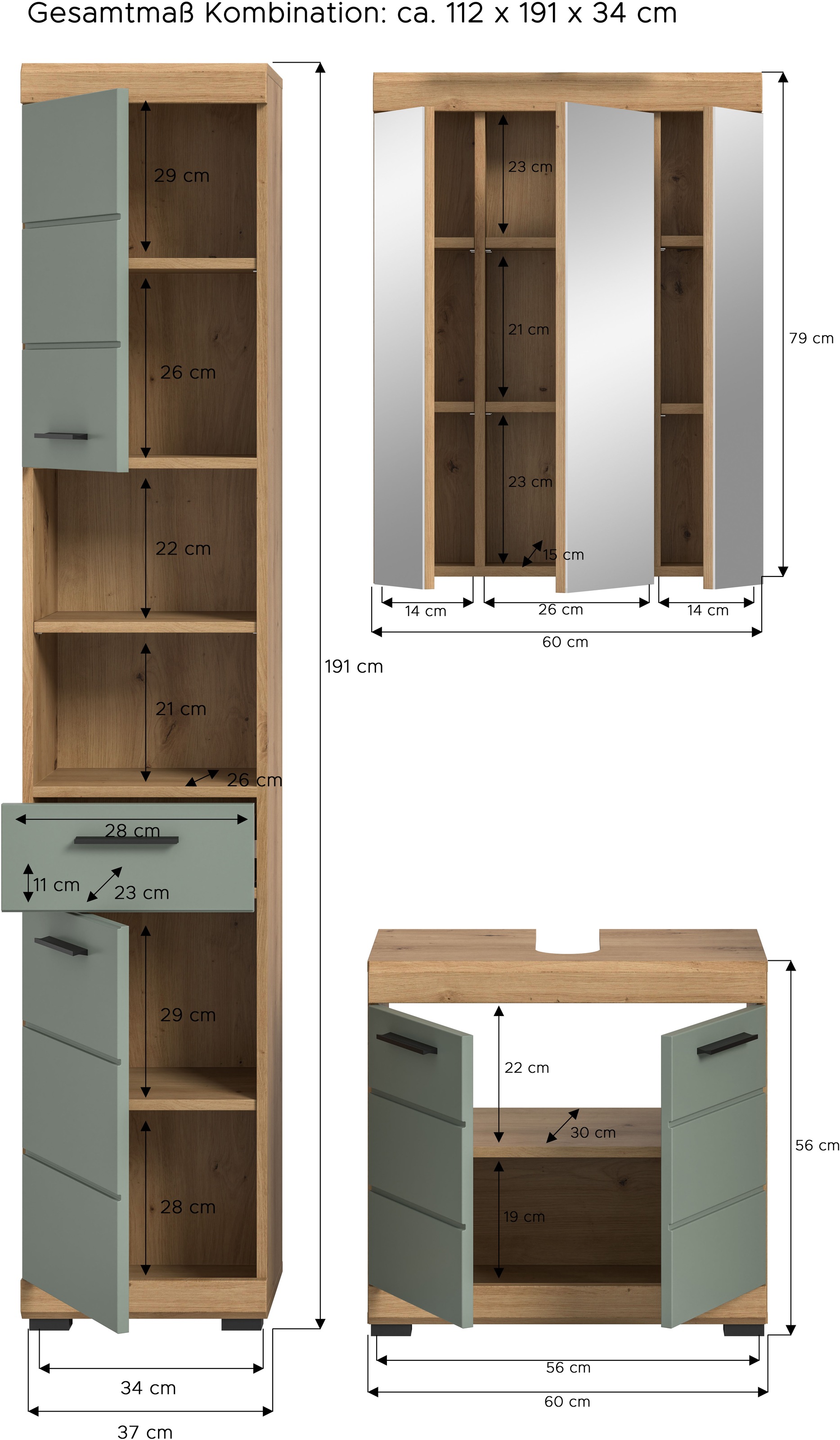 INOSIGN Badmöbel-Set »Siena, 3 teilig, bestehend aus:«, (Set), Hochschrank, Waschbeckenunterschrank, Spiegelschrank